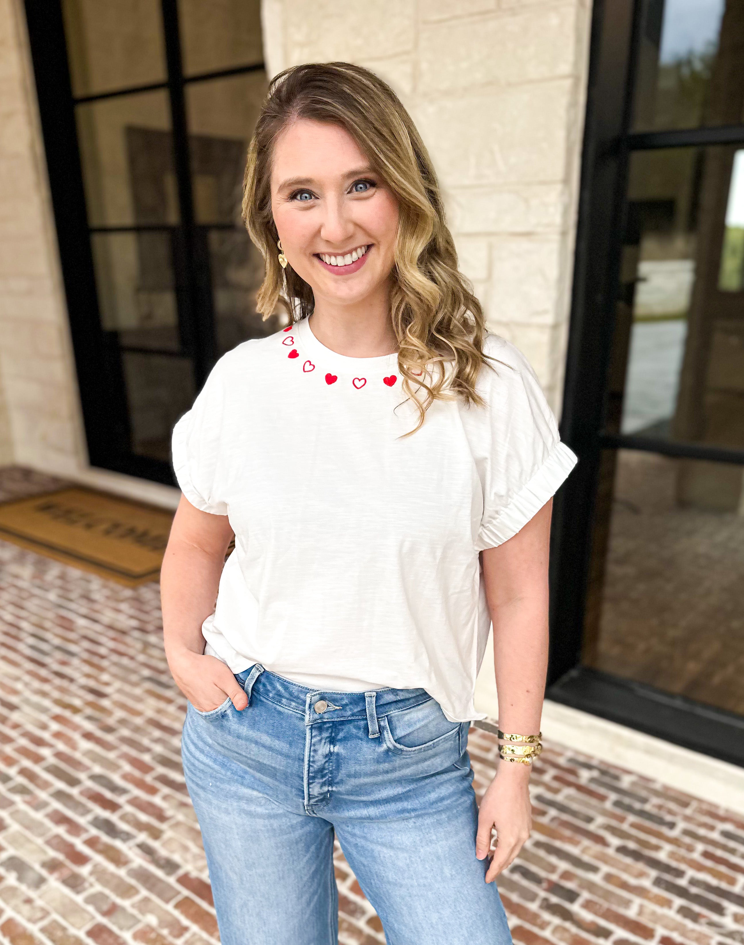 Heart Embroidered Tee-200 Fashion Blouses-DAY + MOON-July & June Women's Fashion Boutique Located in San Antonio, Texas