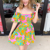 Bold Print Pink & Orange Mini Dress-510 Mini-PEACH LOVE-July & June Women's Fashion Boutique Located in San Antonio, Texas