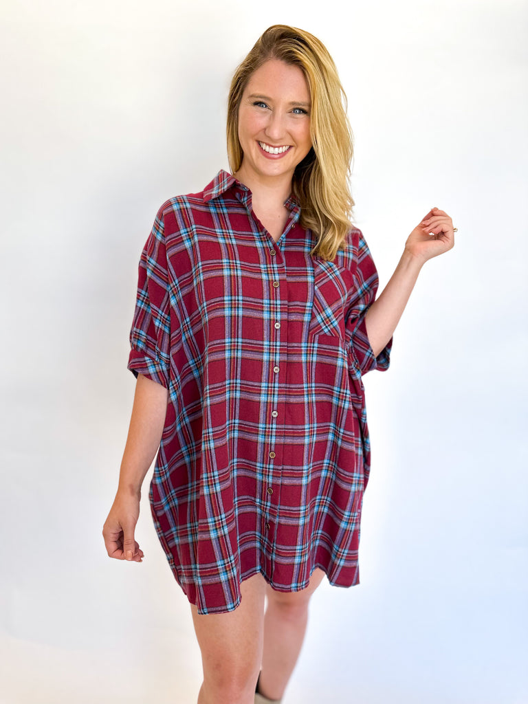 Short Sleeve Plaid Flannel Dress- Burgundy-510 Mini-ENTRO-July & June Women's Fashion Boutique Located in San Antonio, Texas