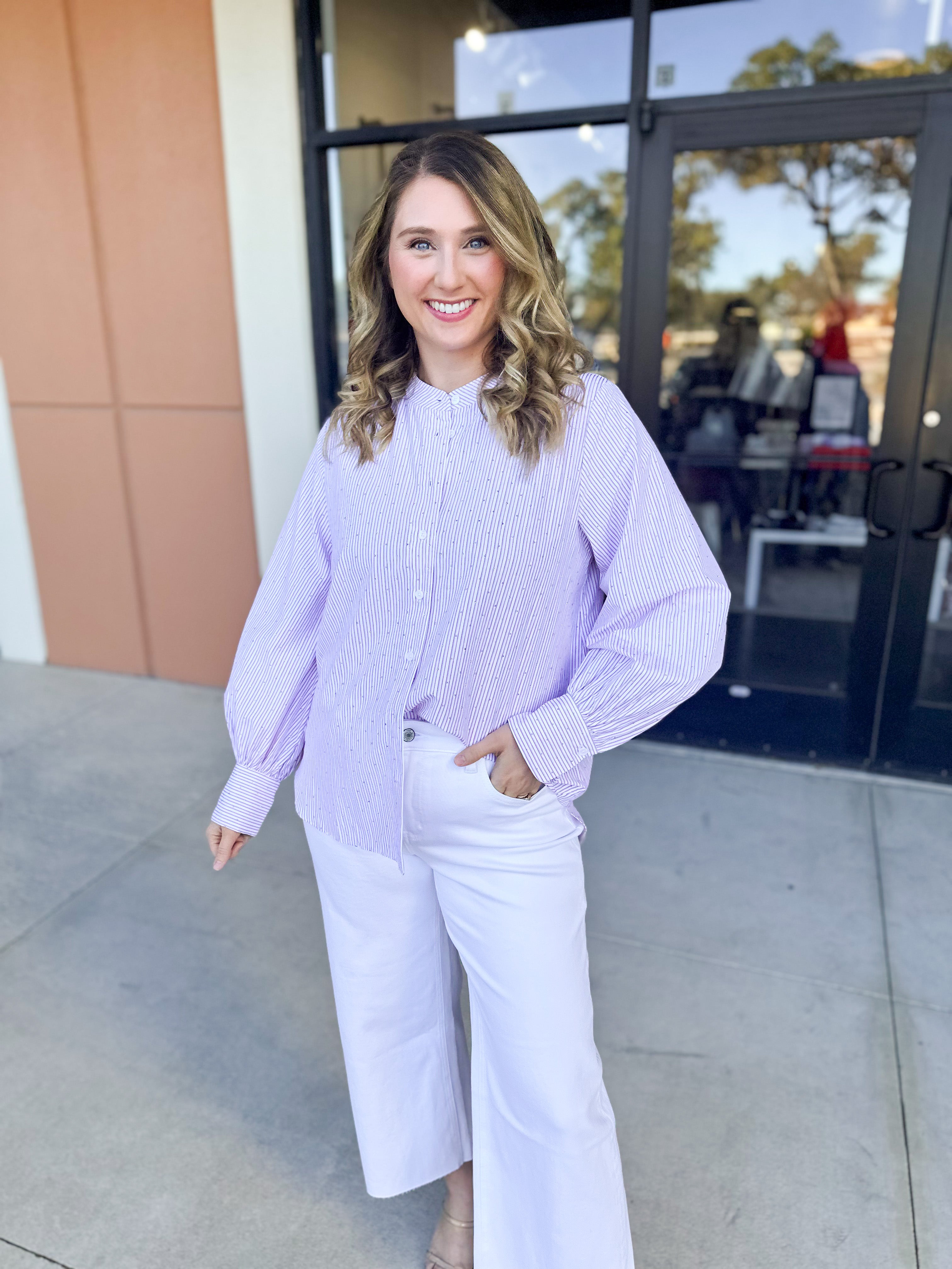 Current Air - Rhinestone Button Down Blouse - Light Pink-200 Fashion Blouses-CURRENT AIR CLOTHING-July & June Women's Fashion Boutique Located in San Antonio, Texas