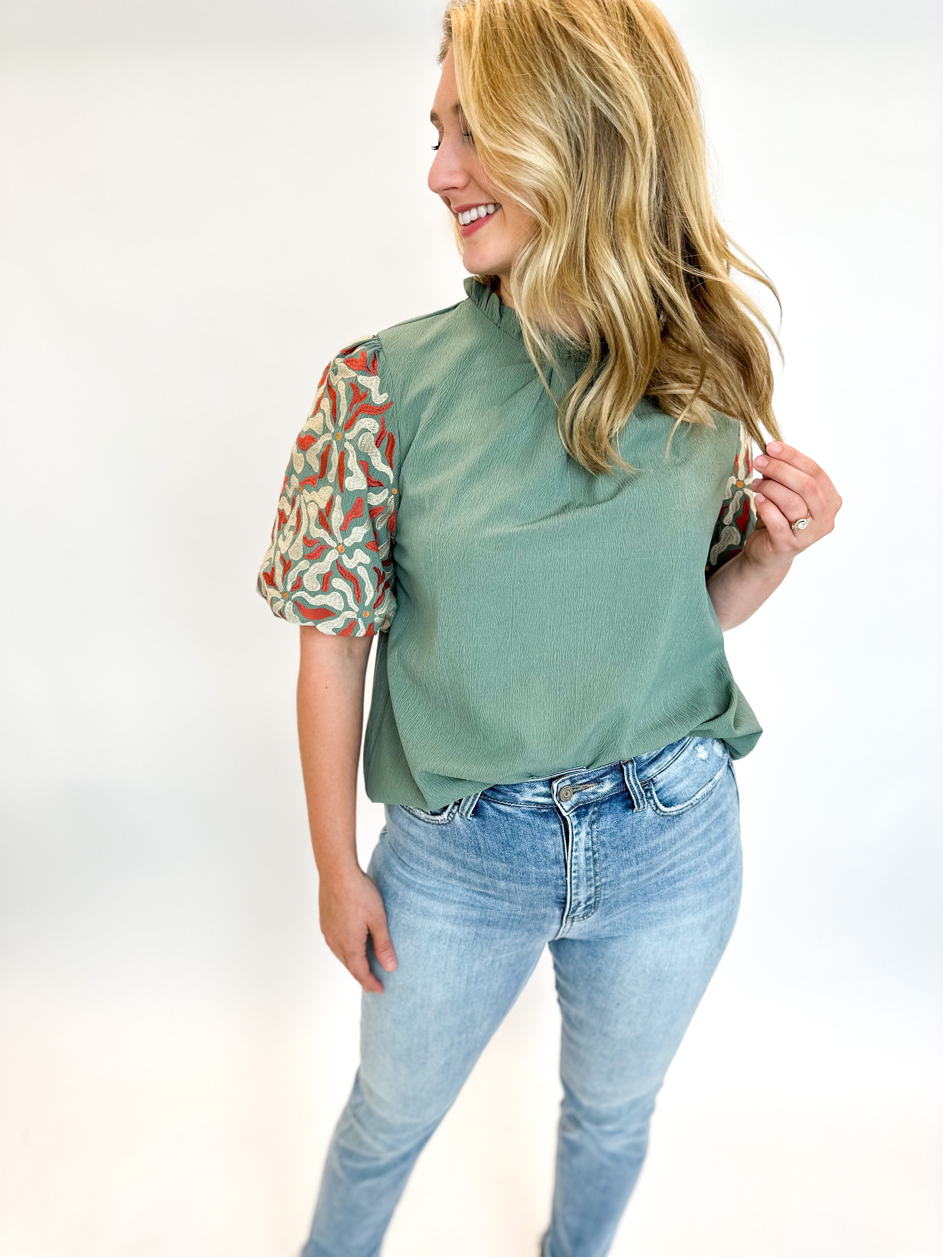 Fall Embroidered Blouse - Green-200 Fashion Blouses-ENTRO-July & June Women's Fashion Boutique Located in San Antonio, Texas