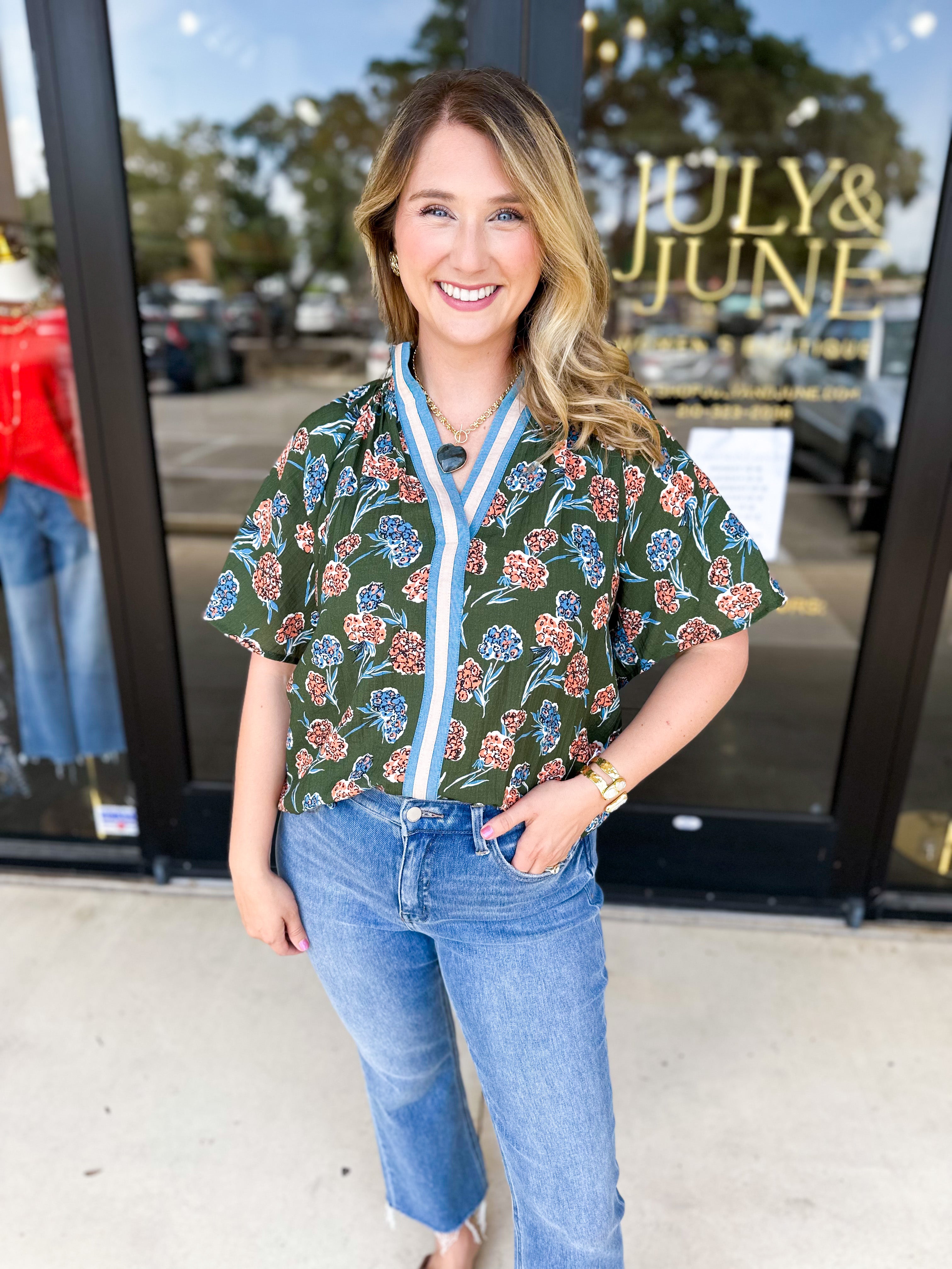 THML - Olive & Blush Floral Blouse-200 Fashion Blouses-THML-July & June Women's Fashion Boutique Located in San Antonio, Texas
