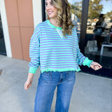 Seafoam Striped Long Sleeve Top-210 Casual Blouses-VEVERET CLOTHING-July & June Women's Fashion Boutique Located in San Antonio, Texas