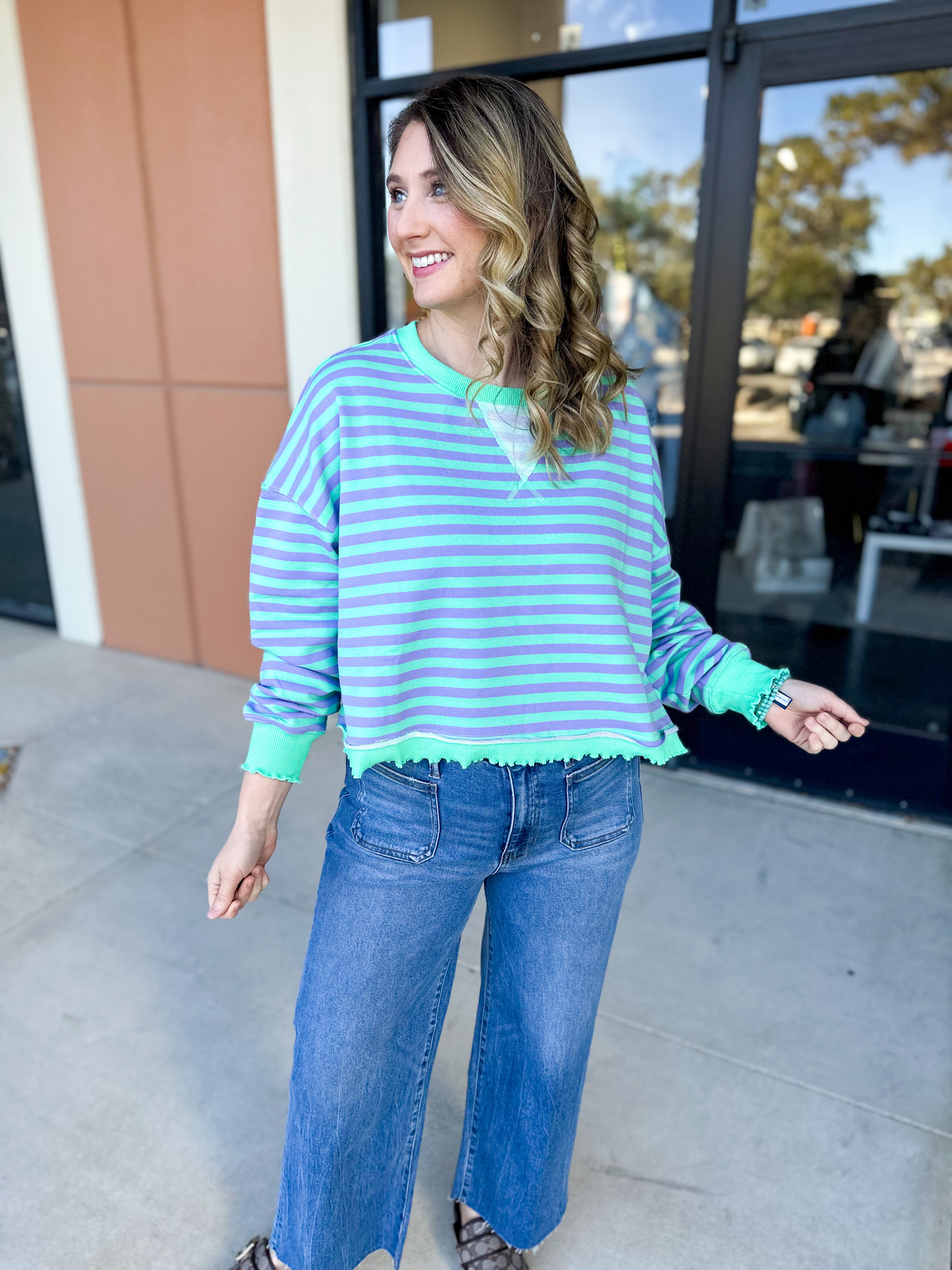 Seafoam Striped Long Sleeve Top-210 Casual Blouses-VEVERET CLOTHING-July & June Women's Fashion Boutique Located in San Antonio, Texas
