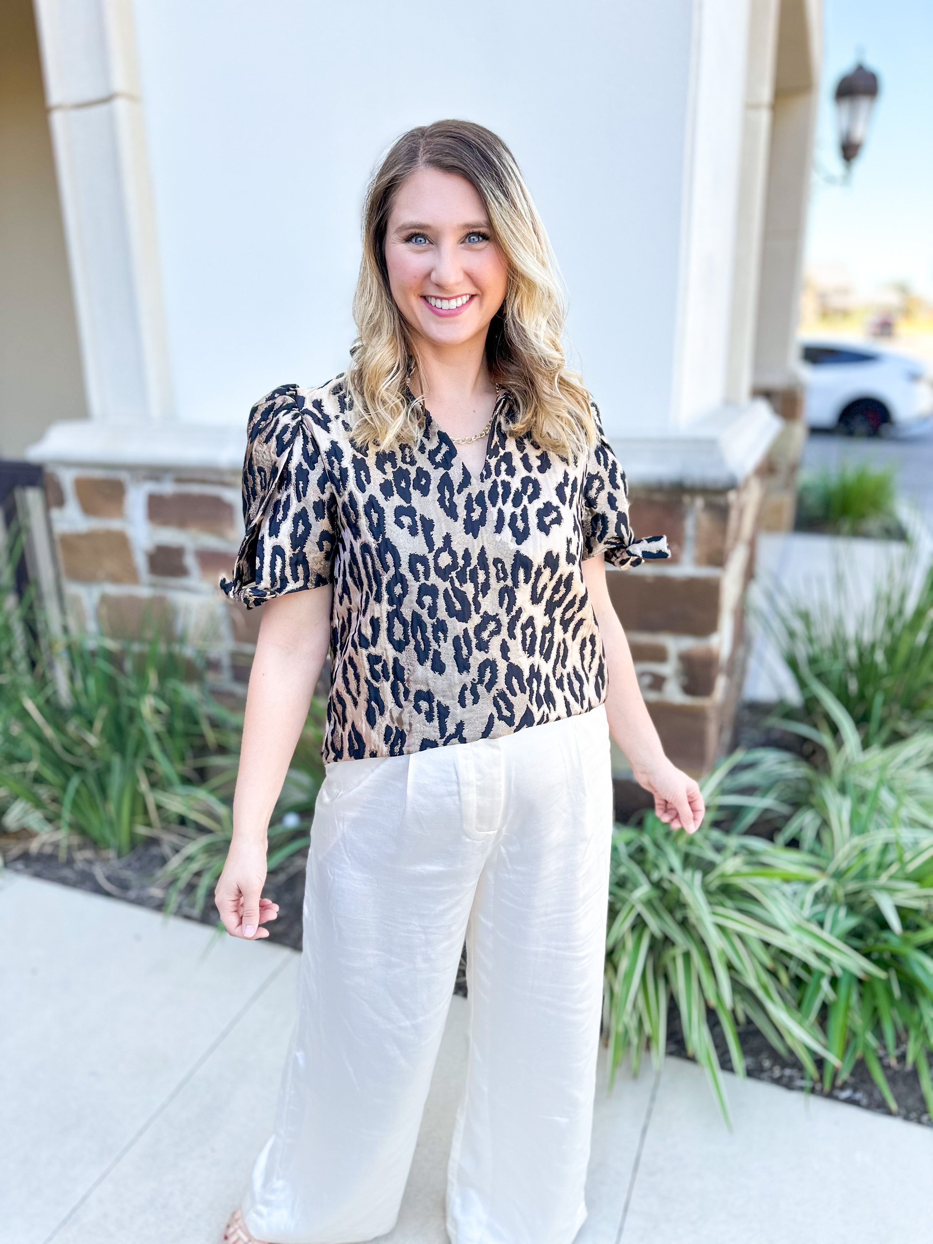 THML - Metallic Cheetah Blouse-200 Fashion Blouses-THML-July & June Women's Fashion Boutique Located in San Antonio, Texas