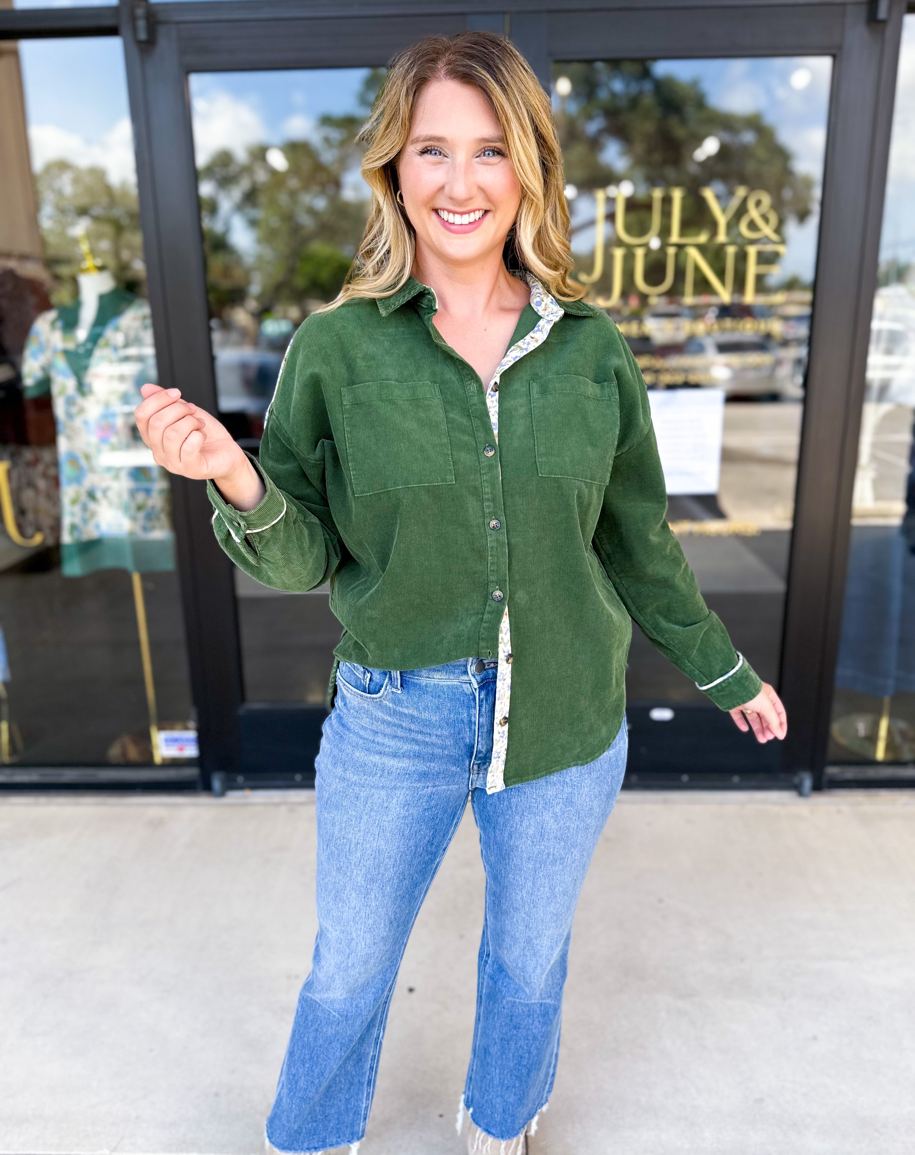 Pine Green Button Down Top-200 Fashion Blouses-JODIFL-July & June Women's Fashion Boutique Located in San Antonio, Texas