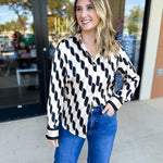 Retro Button Down Blouse-200 Fashion Blouses-SKIES ARE BLUE-July & June Women's Fashion Boutique Located in San Antonio, Texas