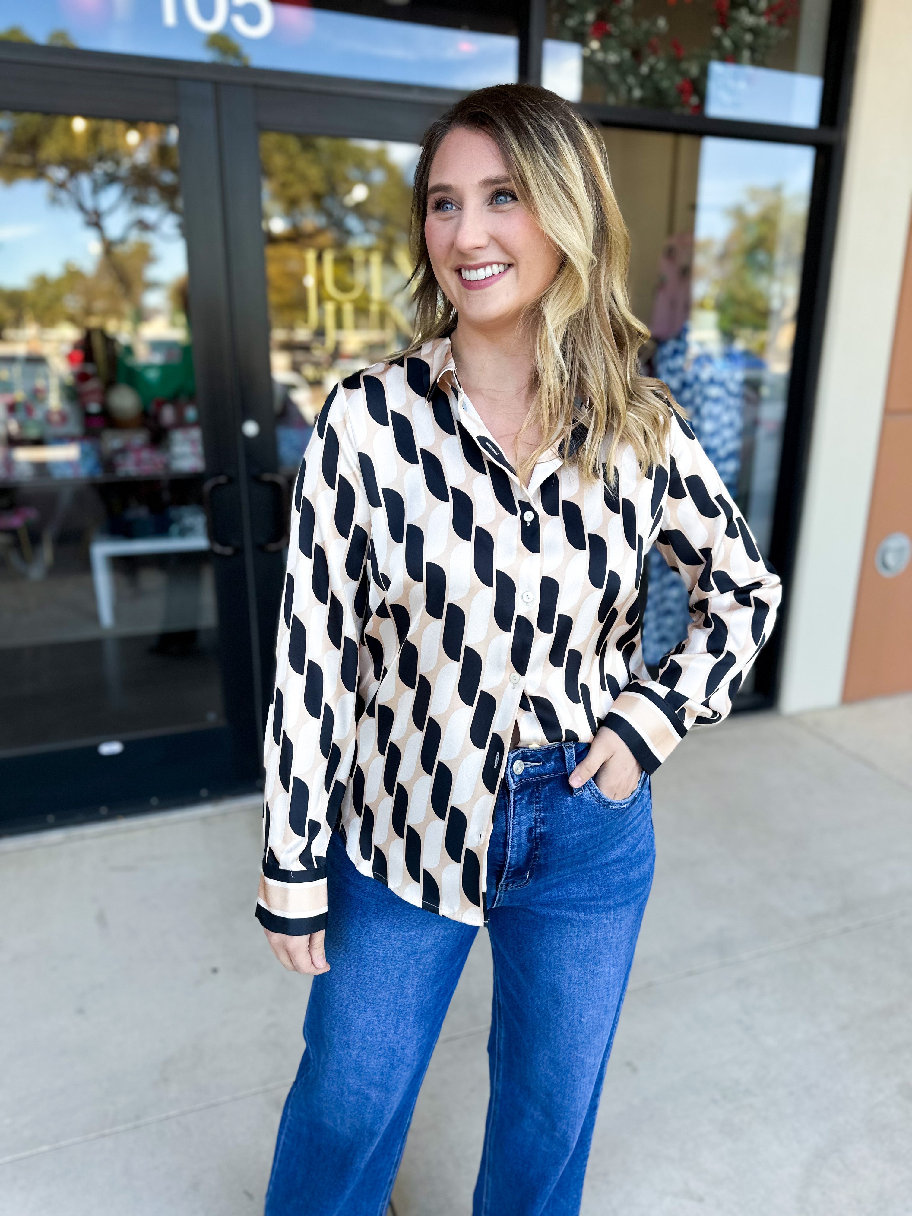 Retro Button Down Blouse-200 Fashion Blouses-SKIES ARE BLUE-July & June Women's Fashion Boutique Located in San Antonio, Texas