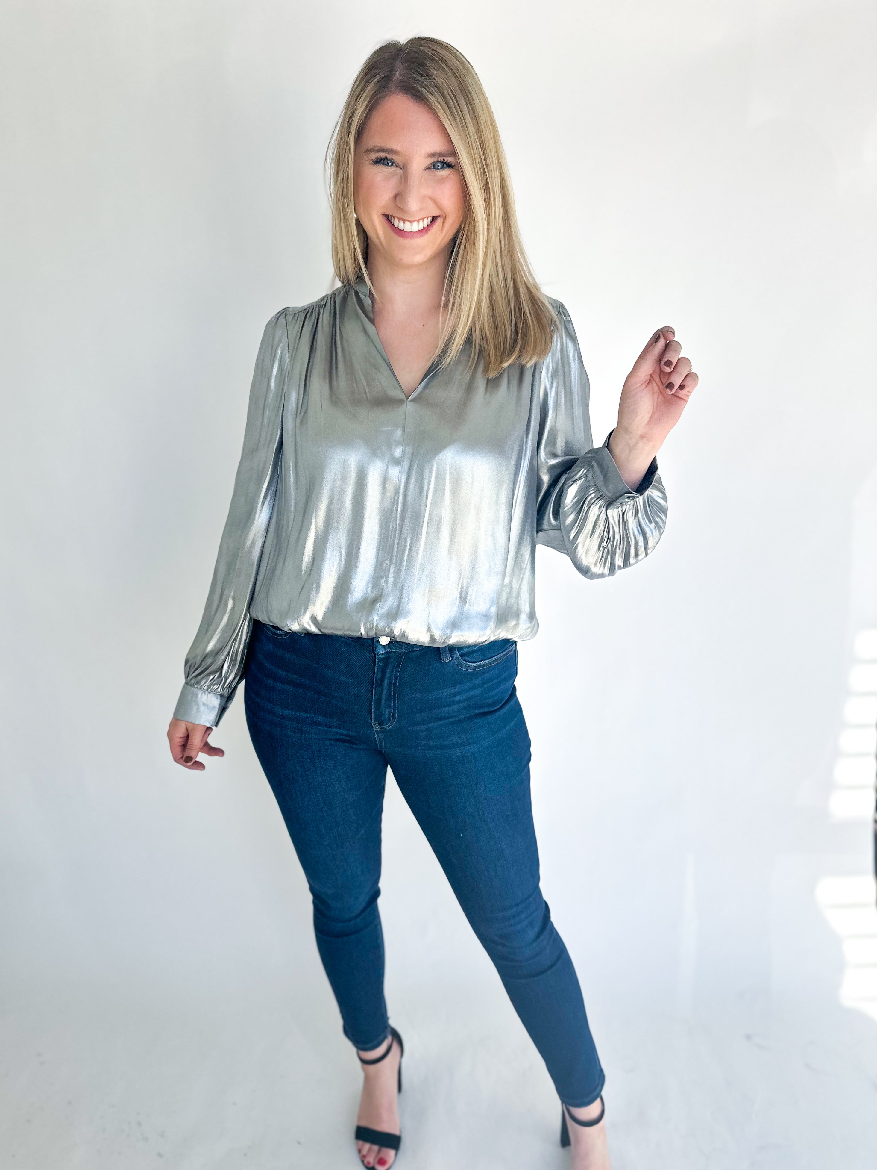 New Beginnings Bubble Hem Blouse - Silver-200 Fashion Blouses-CURRENT AIR CLOTHING-July & June Women's Fashion Boutique Located in San Antonio, Texas