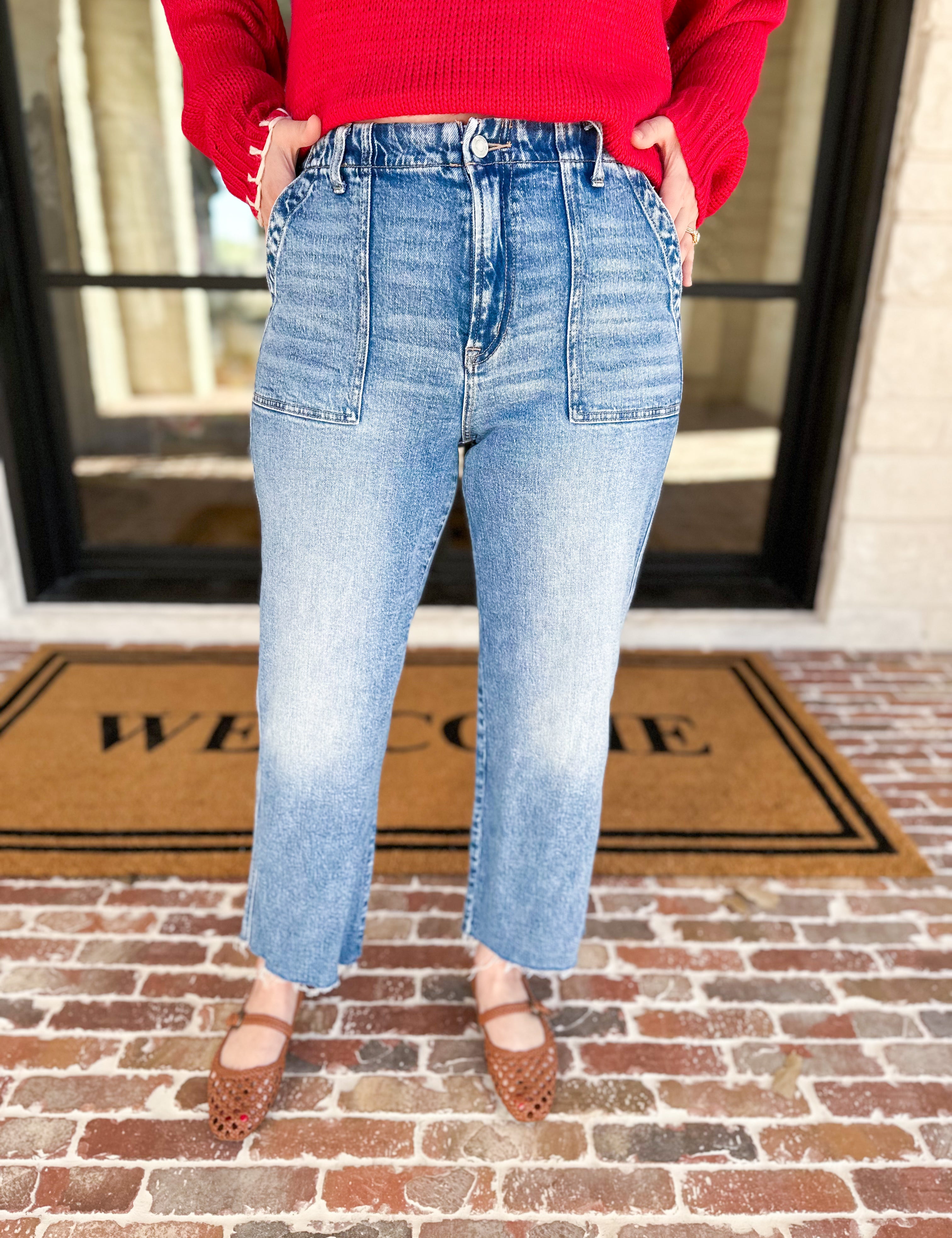 Vervet - High Rise Slim Wide Patch Pocket Jeans-400 Pants-VEVERT BY FLYING MONKEY-July & June Women's Fashion Boutique Located in San Antonio, Texas