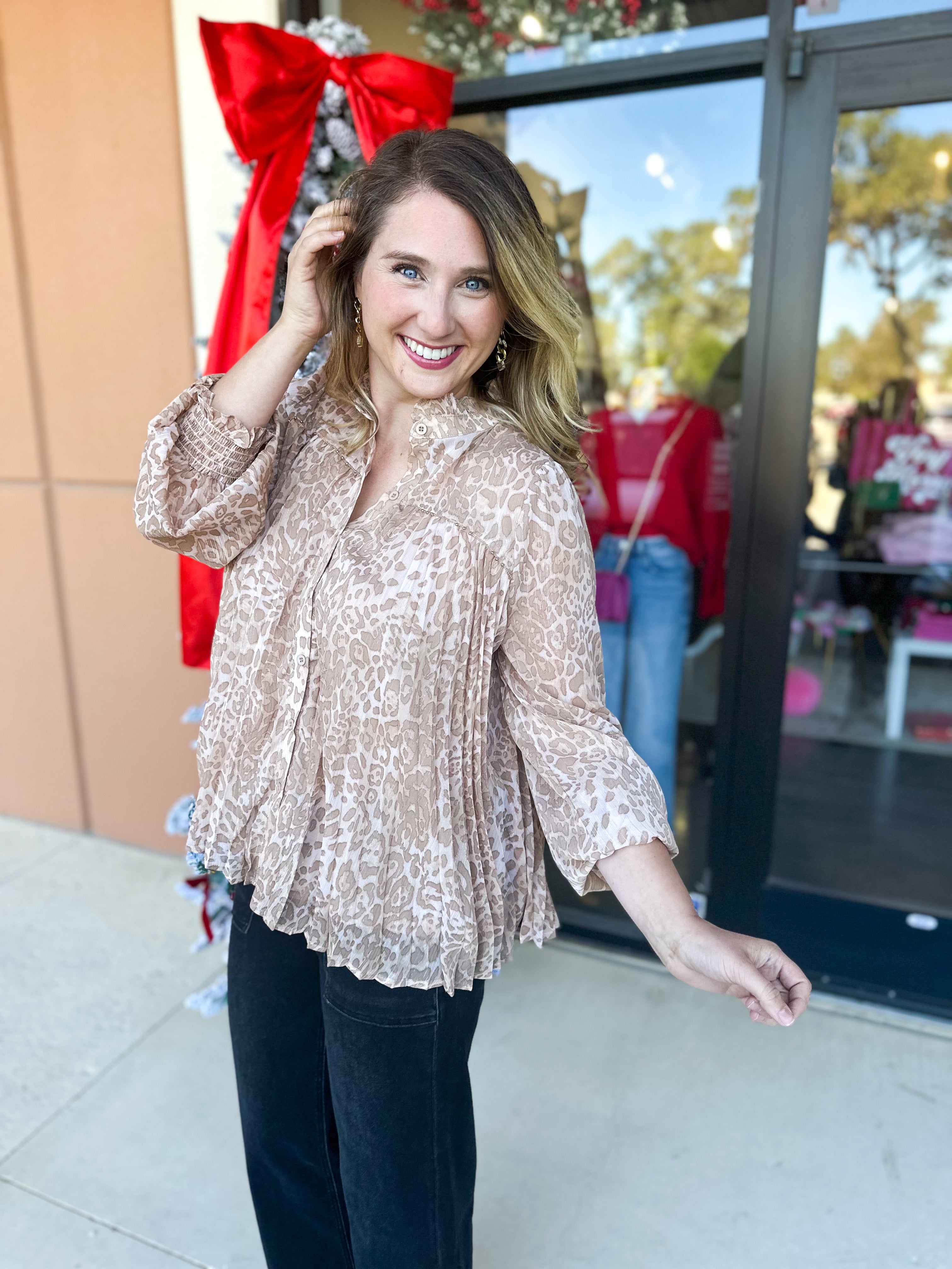 Champagne Cheetah Blouse-200 Fashion Blouses-FATE-July & June Women's Fashion Boutique Located in San Antonio, Texas