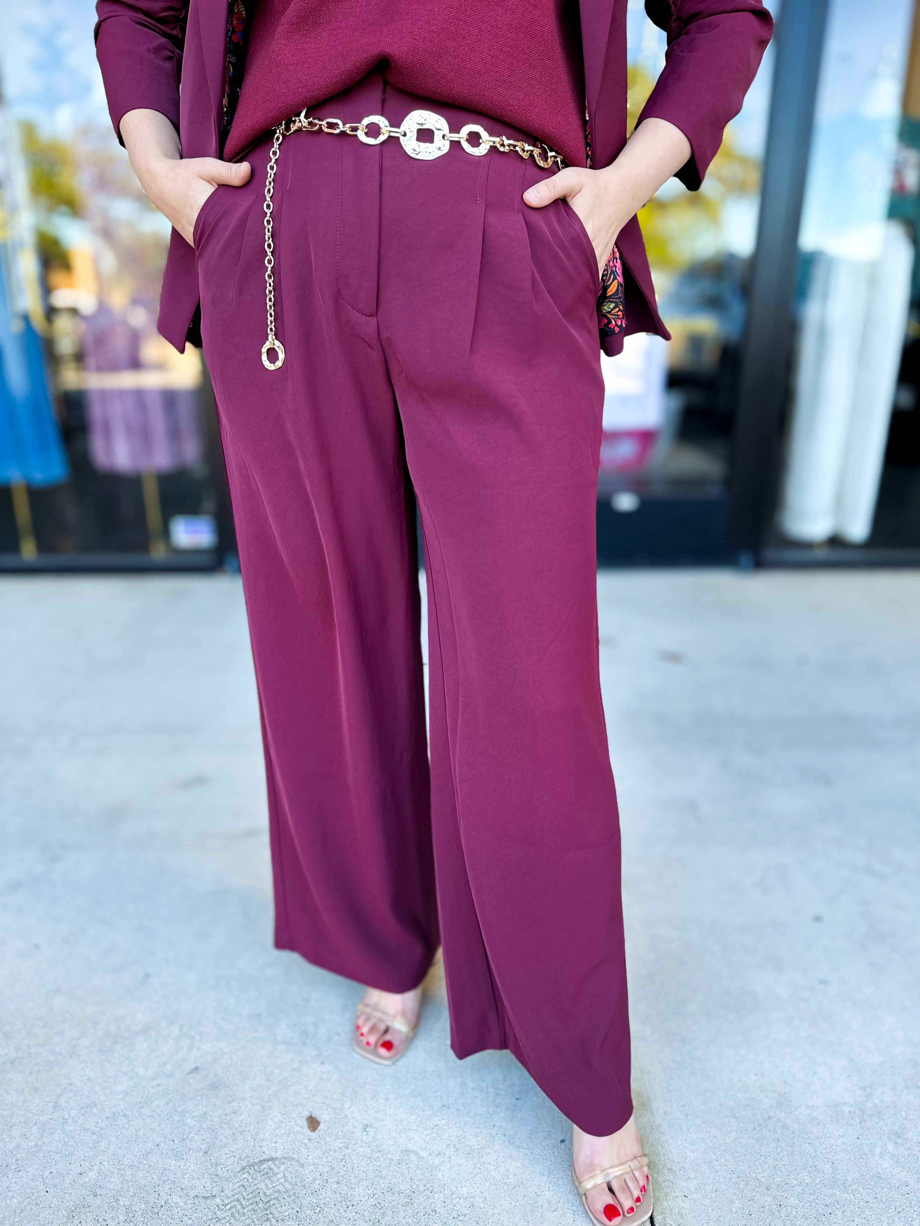 Wide Leg Trousers - Wine-400 Pants-SKIES ARE BLUE-July & June Women's Fashion Boutique Located in San Antonio, Texas