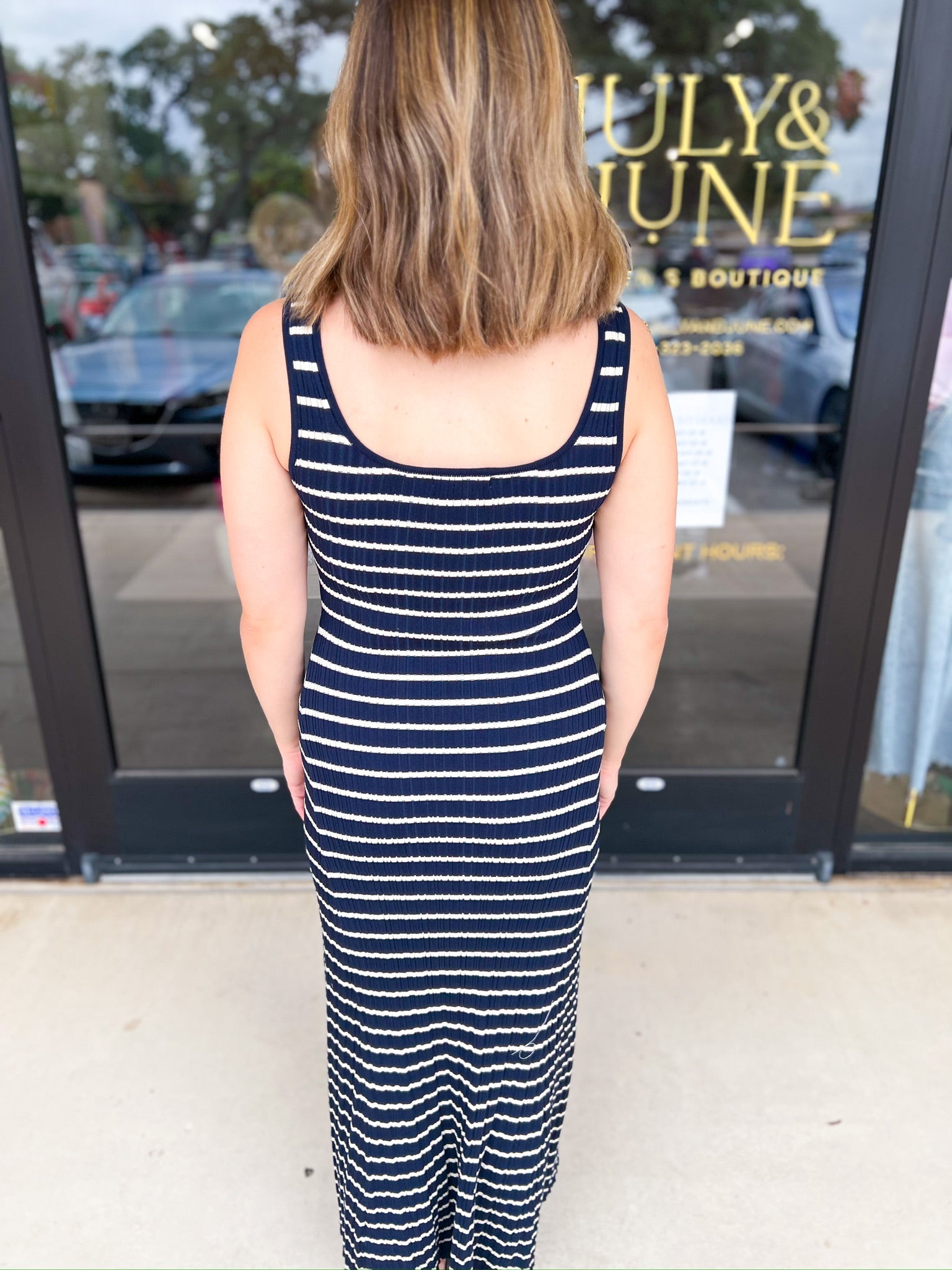 Navy Knit Midi Dress-500 Midi-SKIES ARE BLUE-July & June Women's Fashion Boutique Located in San Antonio, Texas
