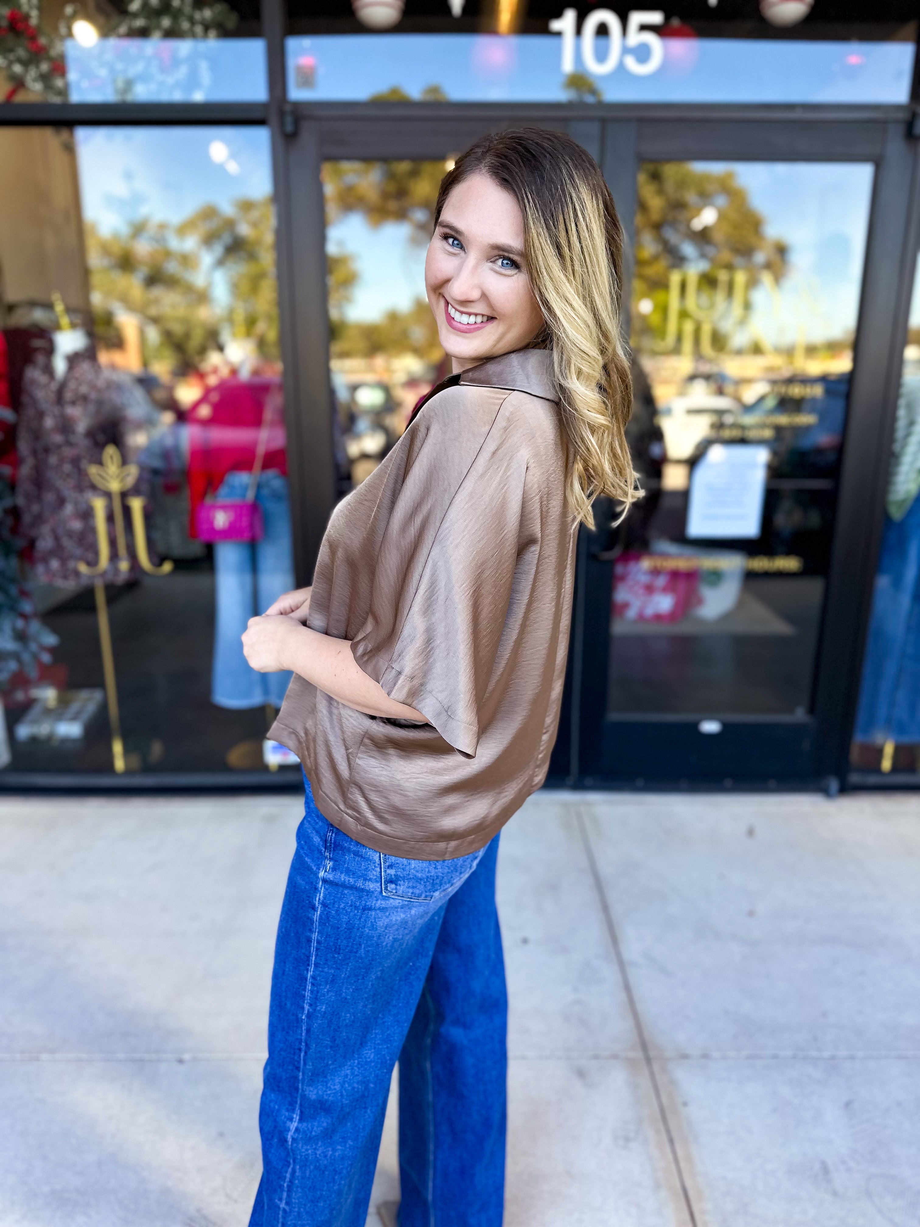 Pink Friday Doorbuster - Classic Satin Blouse - Mocha - ONLINE-PINK FRIDAY DOORBUSTERS-GLAM-July & June Women's Fashion Boutique Located in San Antonio, Texas