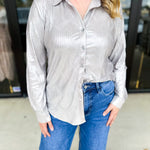 Shimmer Button Down Blouse - Silver Mist-200 Fashion Blouses-ALLIE ROSE-July & June Women's Fashion Boutique Located in San Antonio, Texas