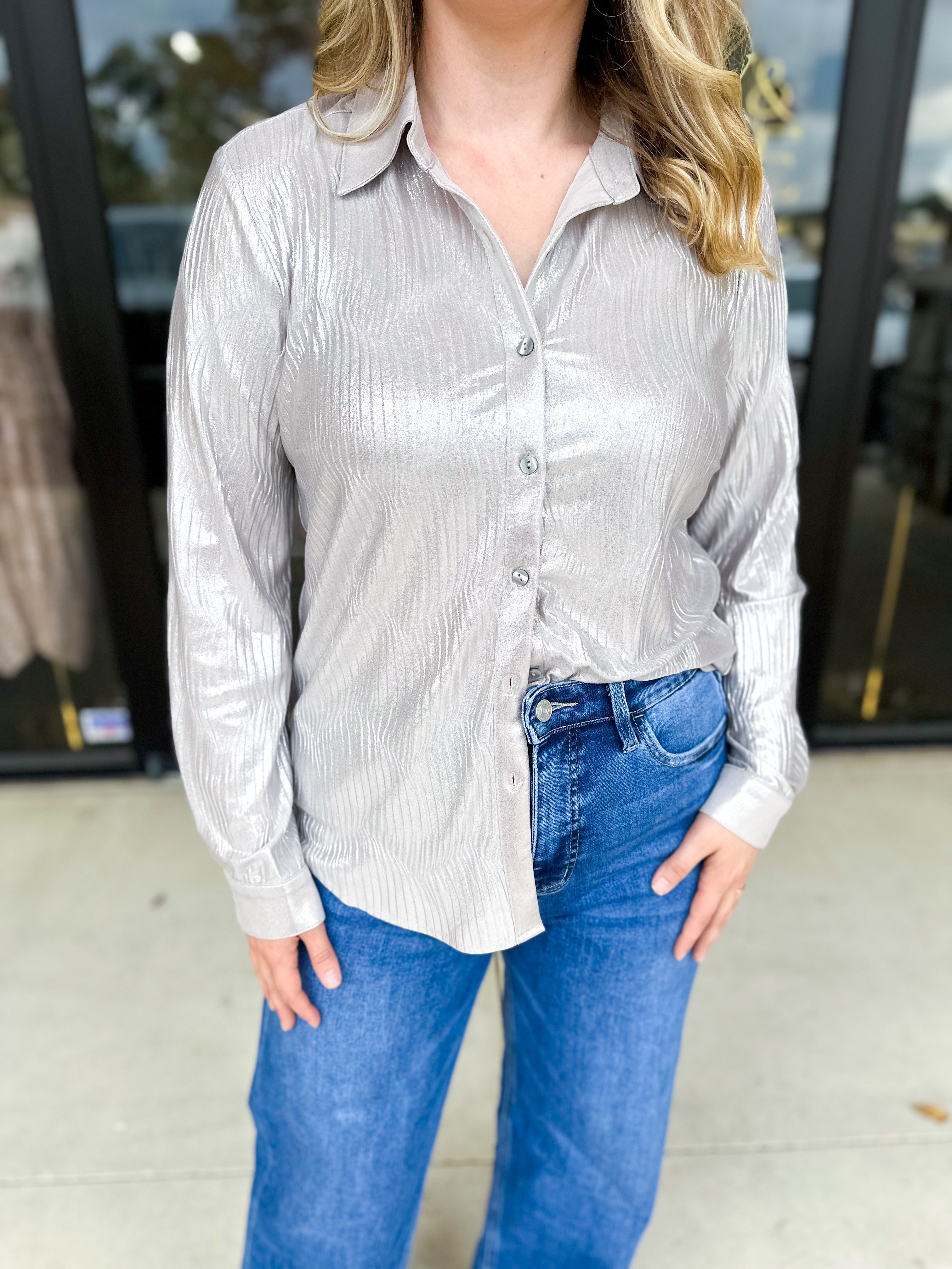 Shimmer Button Down Blouse - Silver Mist-200 Fashion Blouses-ALLIE ROSE-July & June Women's Fashion Boutique Located in San Antonio, Texas