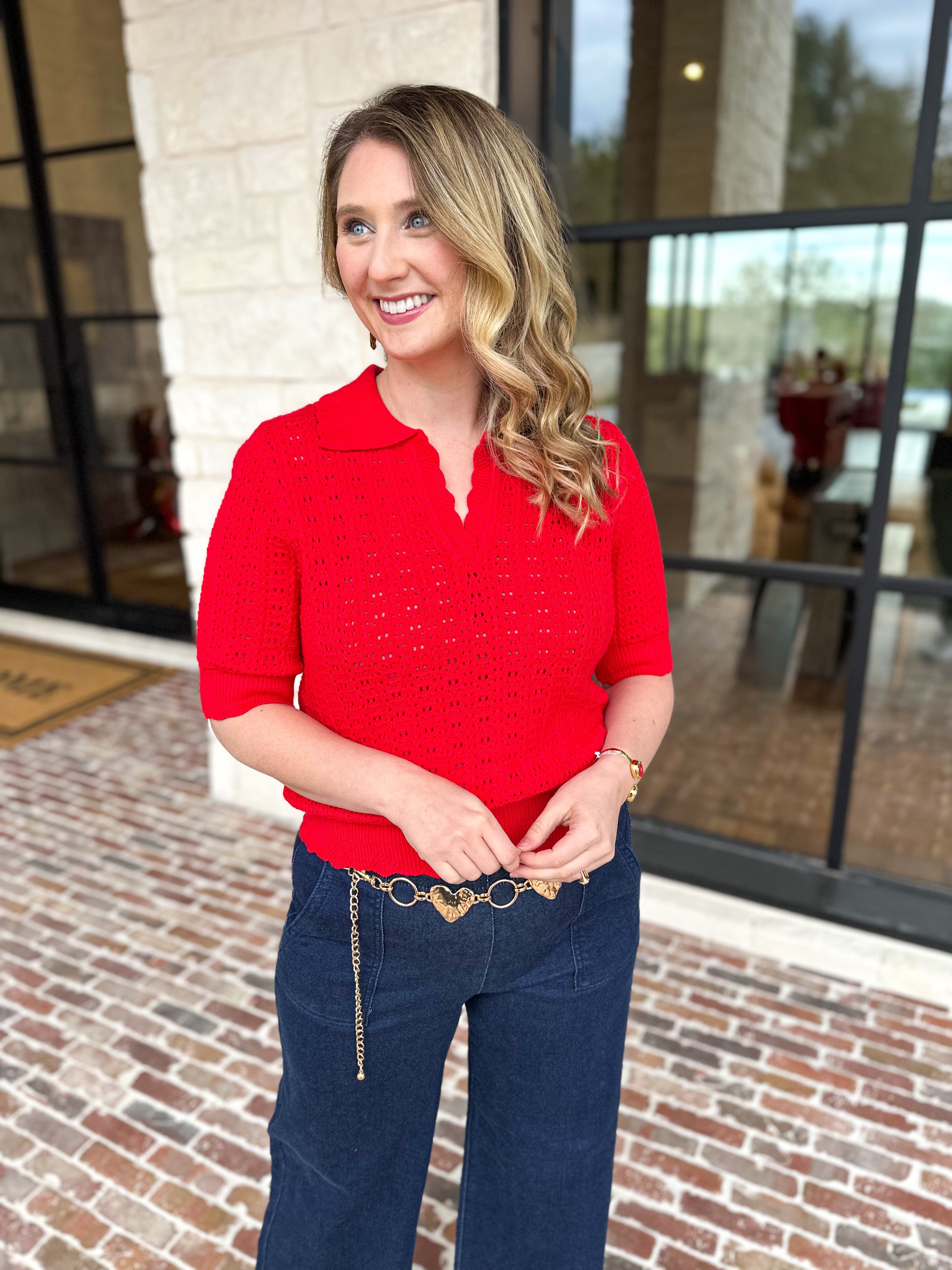 THML - Tomato Red Knit Top-230 Sweaters/Cardis-THML-July & June Women's Fashion Boutique Located in San Antonio, Texas