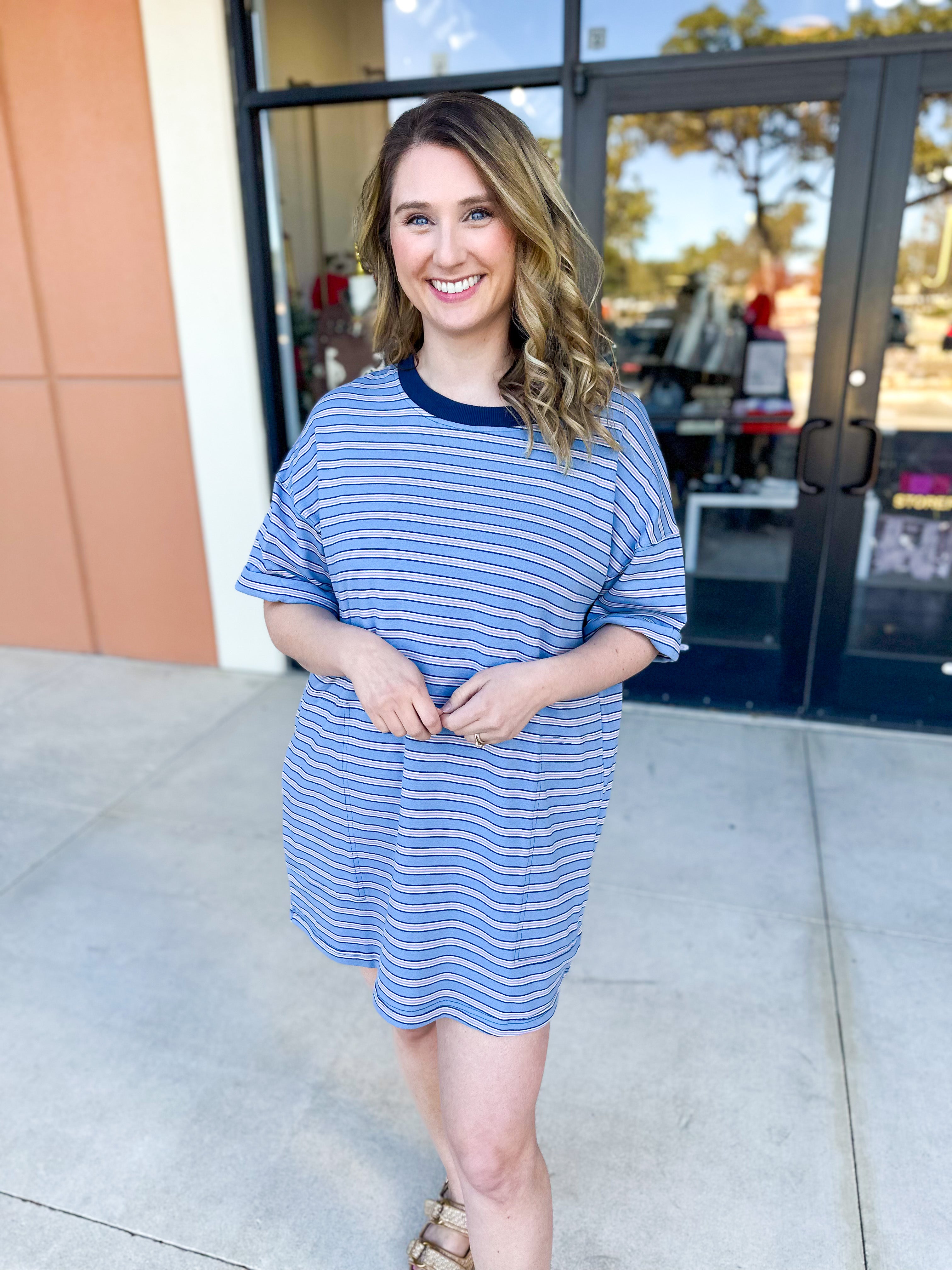 Oversized T-Shirt Mini Dress - Blue-510 Mini-VEVERET CLOTHING-July & June Women's Fashion Boutique Located in San Antonio, Texas