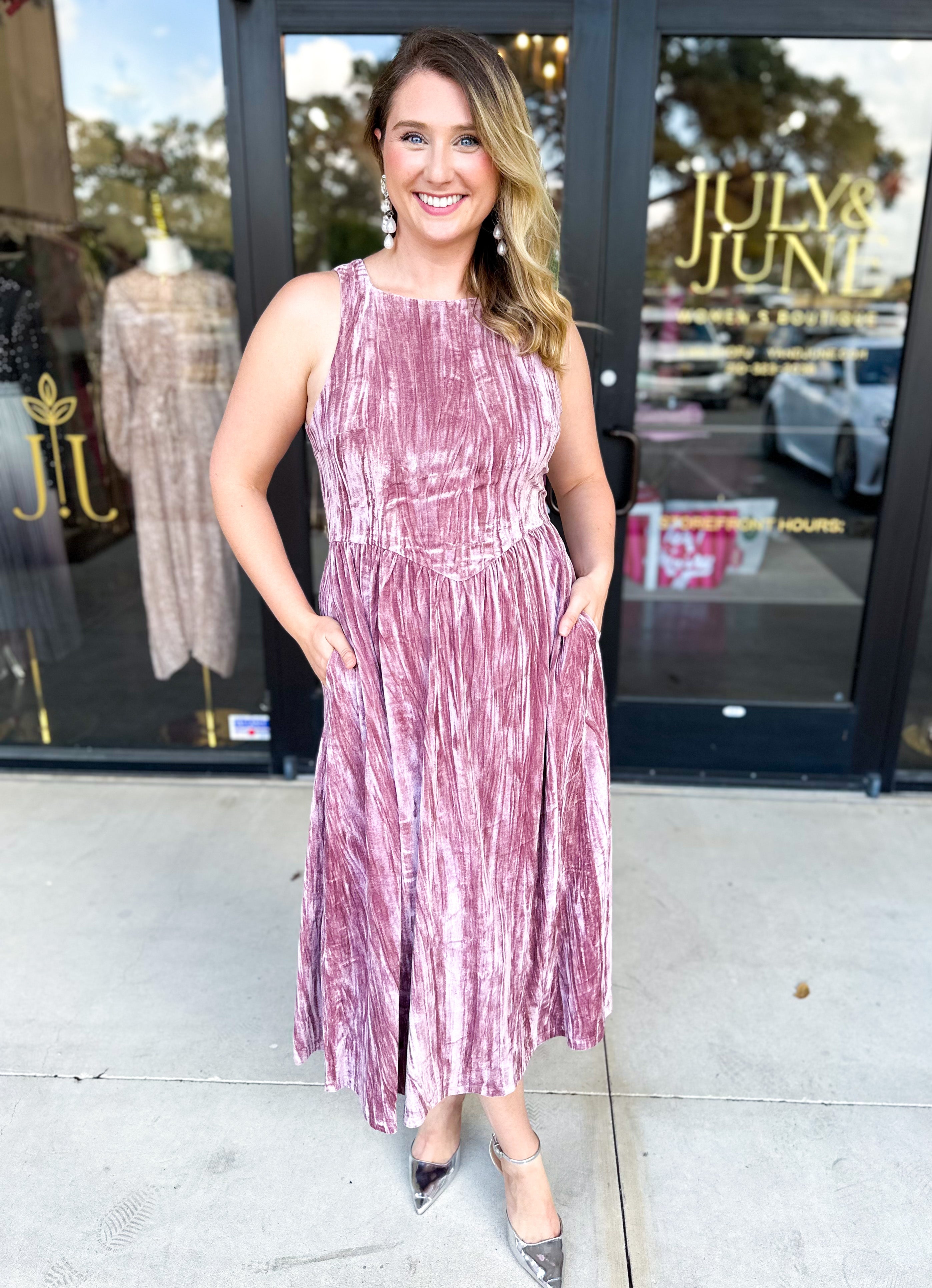 Blush Velvet Midi Dress-500 Midi-POLOGRAM-July & June Women's Fashion Boutique Located in San Antonio, Texas