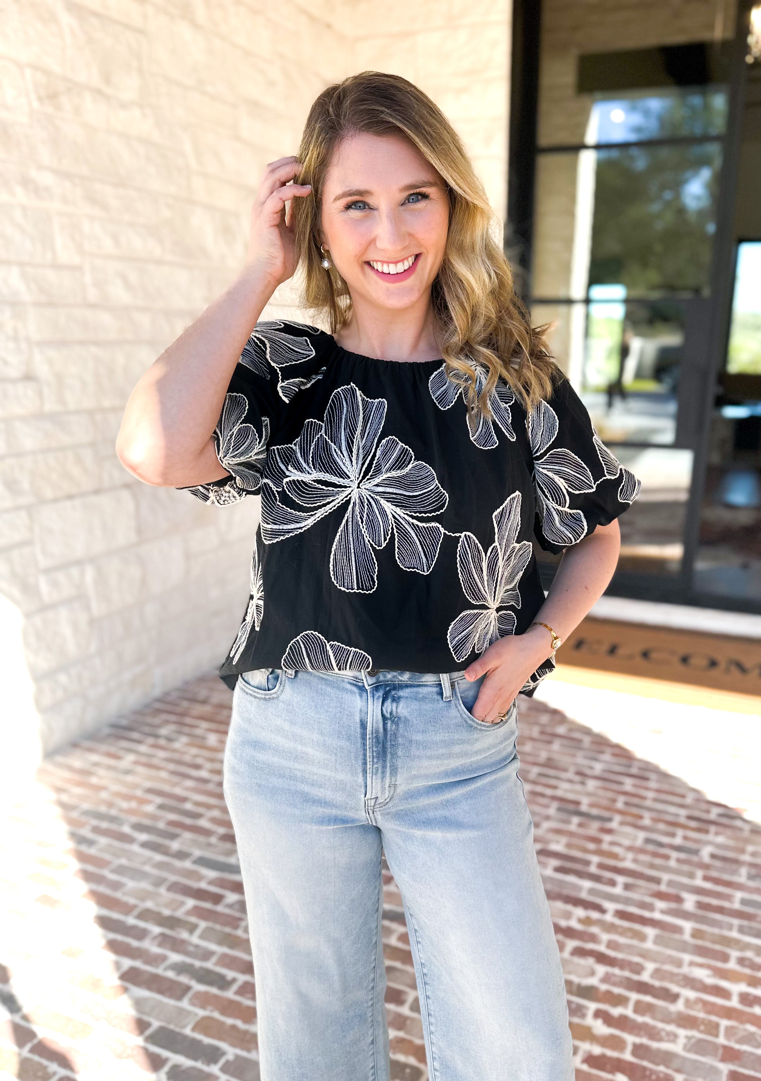 THML - Black & White Flower Power Blouse-200 Fashion Blouses-THML-July & June Women's Fashion Boutique Located in San Antonio, Texas