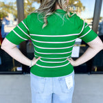 Short Sleeve Stripped Sweater Top - Kelly Green & Pink-230 Sweaters/Cardis-ALLIE ROSE-July & June Women's Fashion Boutique Located in San Antonio, Texas