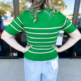 Short Sleeve Stripped Sweater Top - Kelly Green & Pink-230 Sweaters/Cardis-ALLIE ROSE-July & June Women's Fashion Boutique Located in San Antonio, Texas