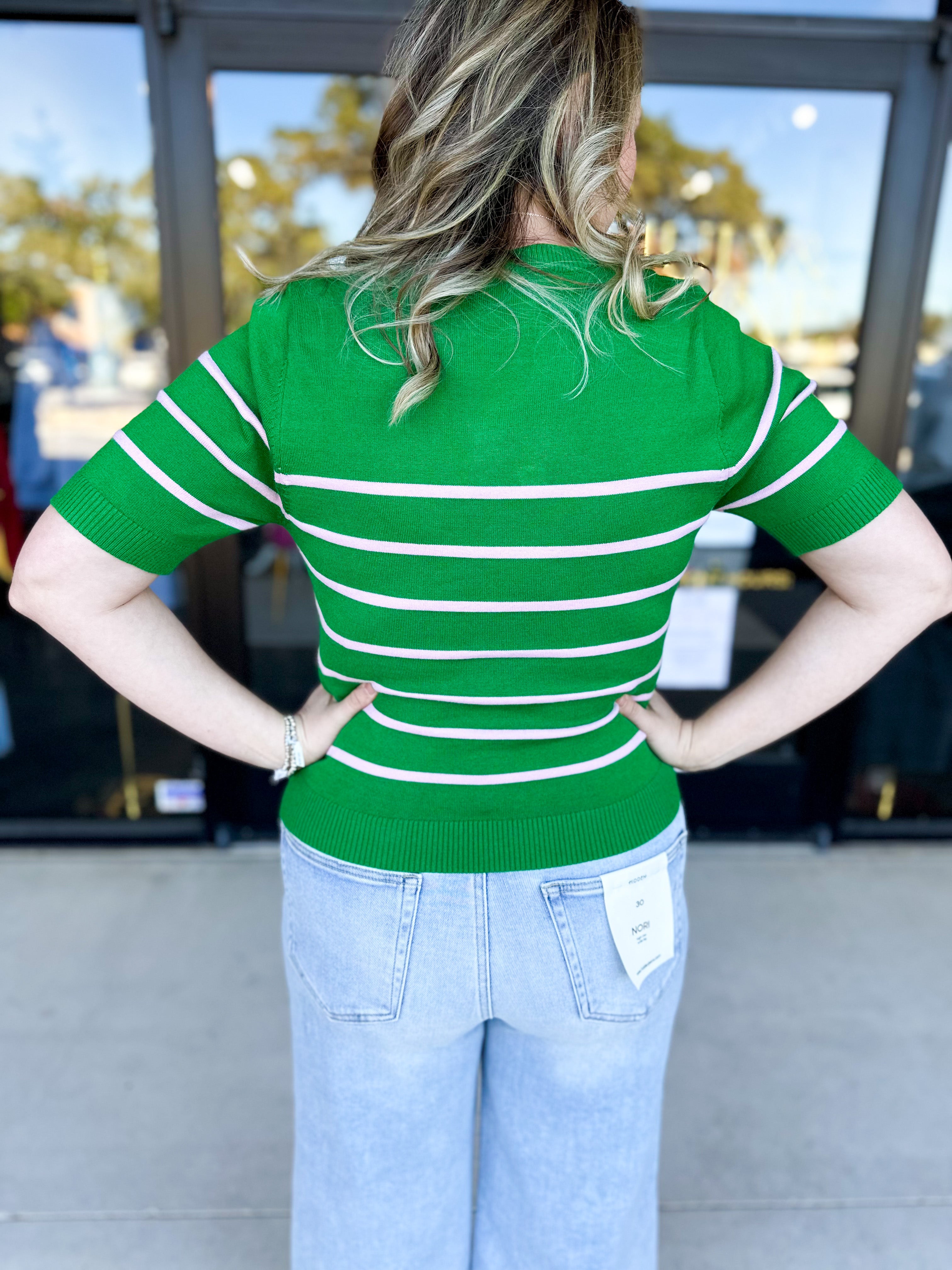 Short Sleeve Stripped Sweater Top - Kelly Green & Pink-230 Sweaters/Cardis-ALLIE ROSE-July & June Women's Fashion Boutique Located in San Antonio, Texas