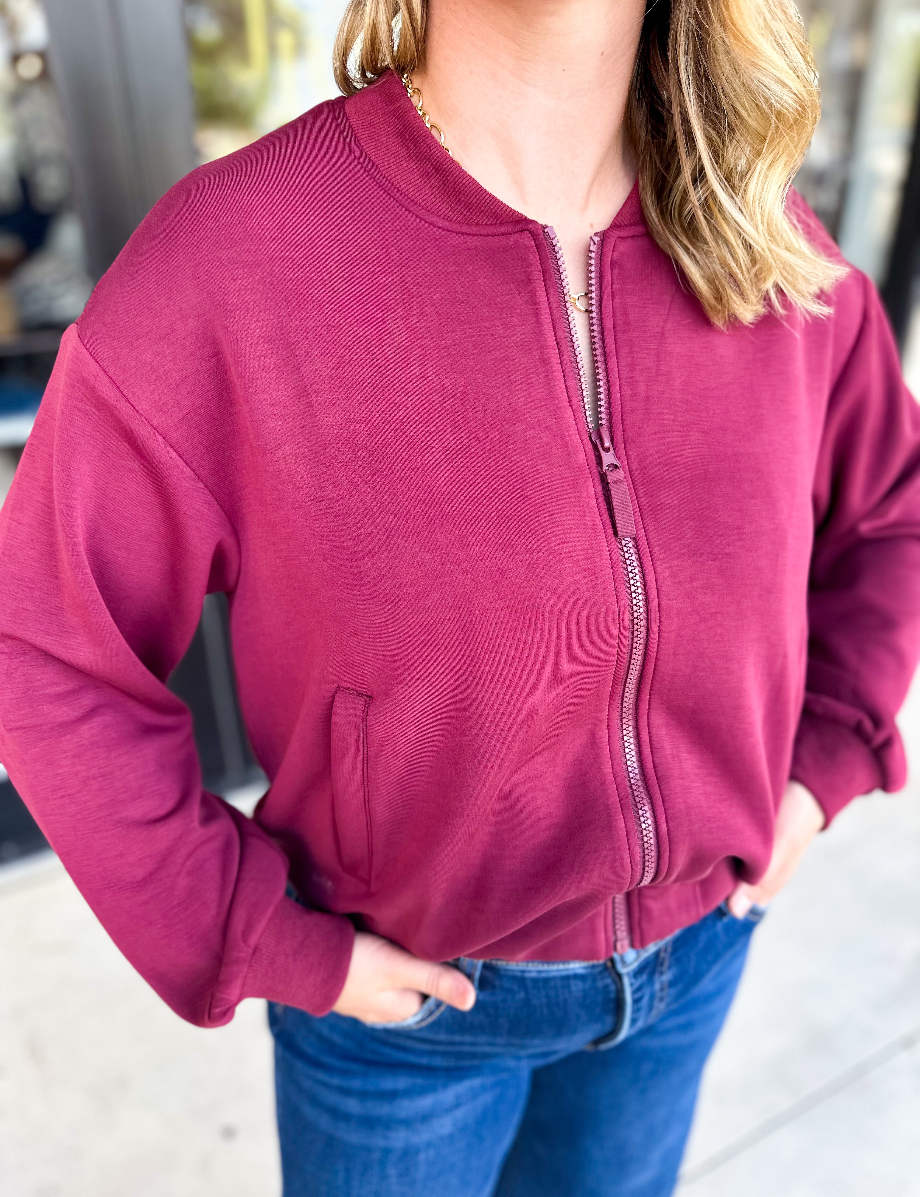 Soft Modal Bomber Jacket - Wine-300 Athleisure/Lounge-SKIES ARE BLUE-July & June Women's Fashion Boutique Located in San Antonio, Texas