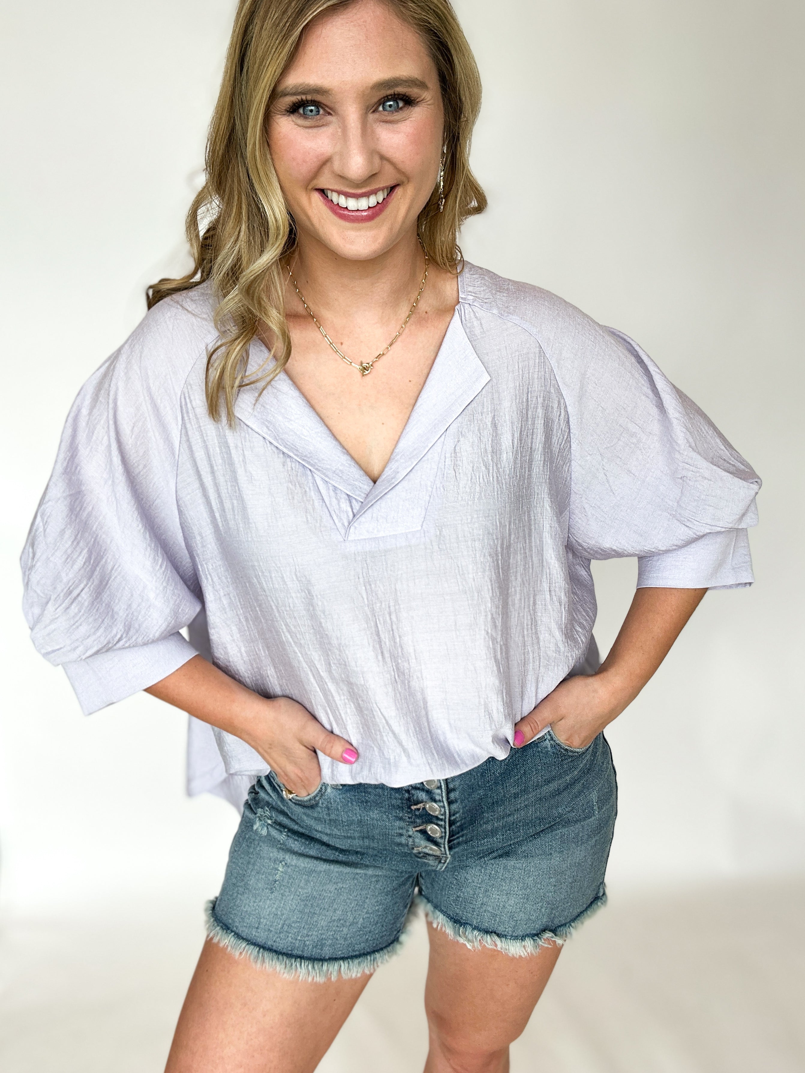Oversized Collared Blouse - Lilac-200 Fashion Blouses-ALLIE ROSE-July & June Women's Fashion Boutique Located in San Antonio, Texas
