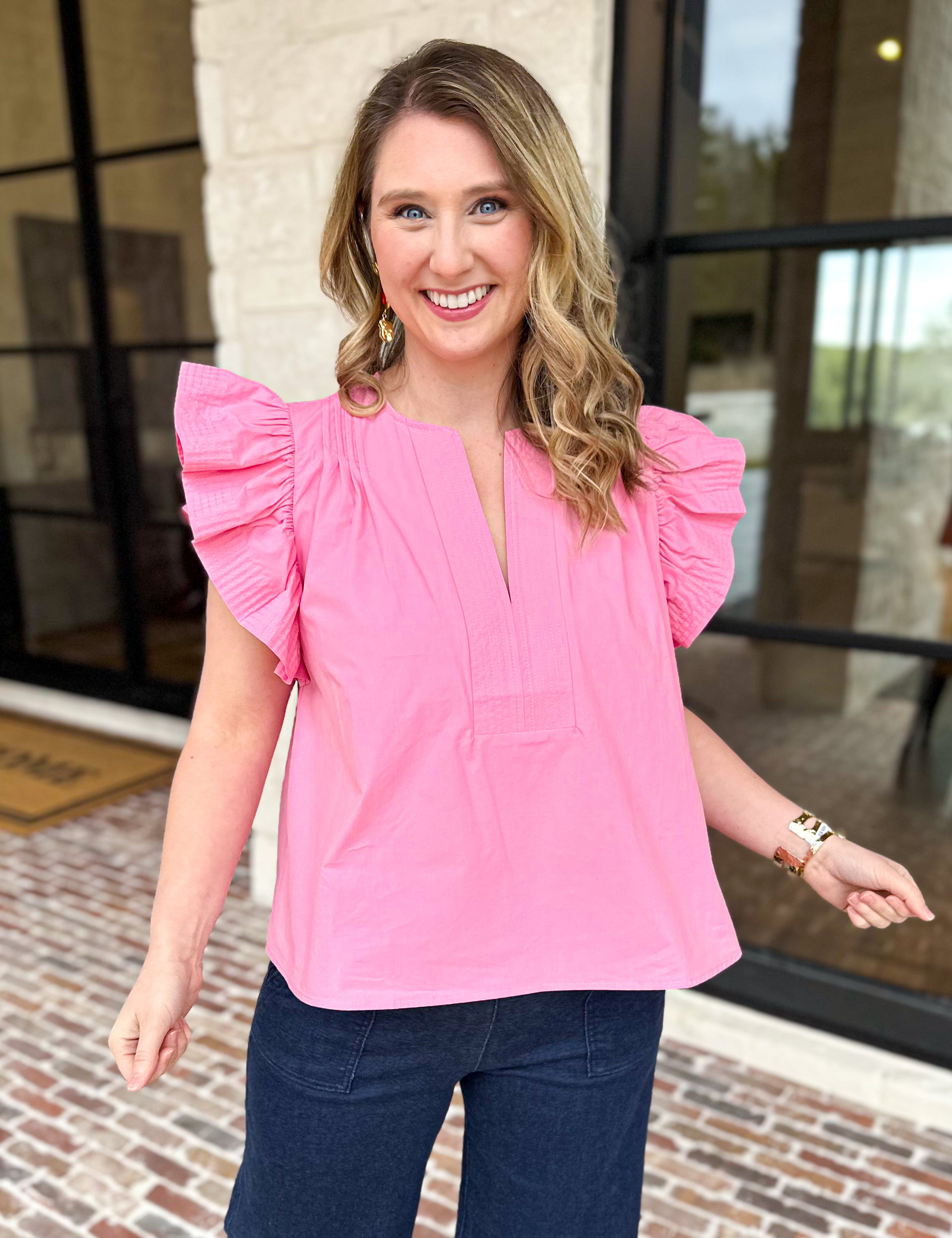Flutter Sleeve Poplin Blouse - Pink-200 Fashion Blouses-STRUT & BOLT-July & June Women's Fashion Boutique Located in San Antonio, Texas