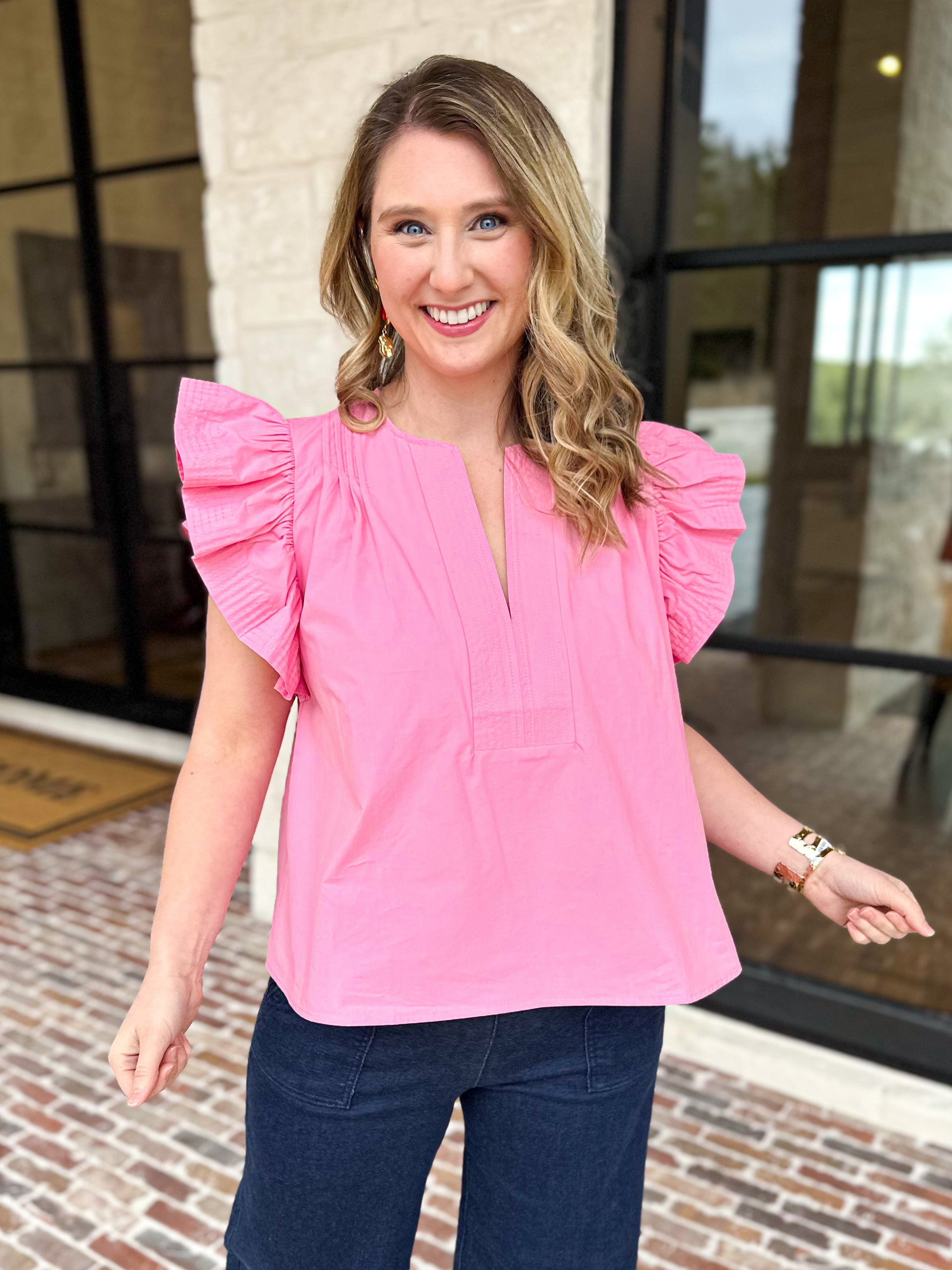 Flutter Sleeve Poplin Blouse - Pink-200 Fashion Blouses-STRUT & BOLT-July & June Women's Fashion Boutique Located in San Antonio, Texas