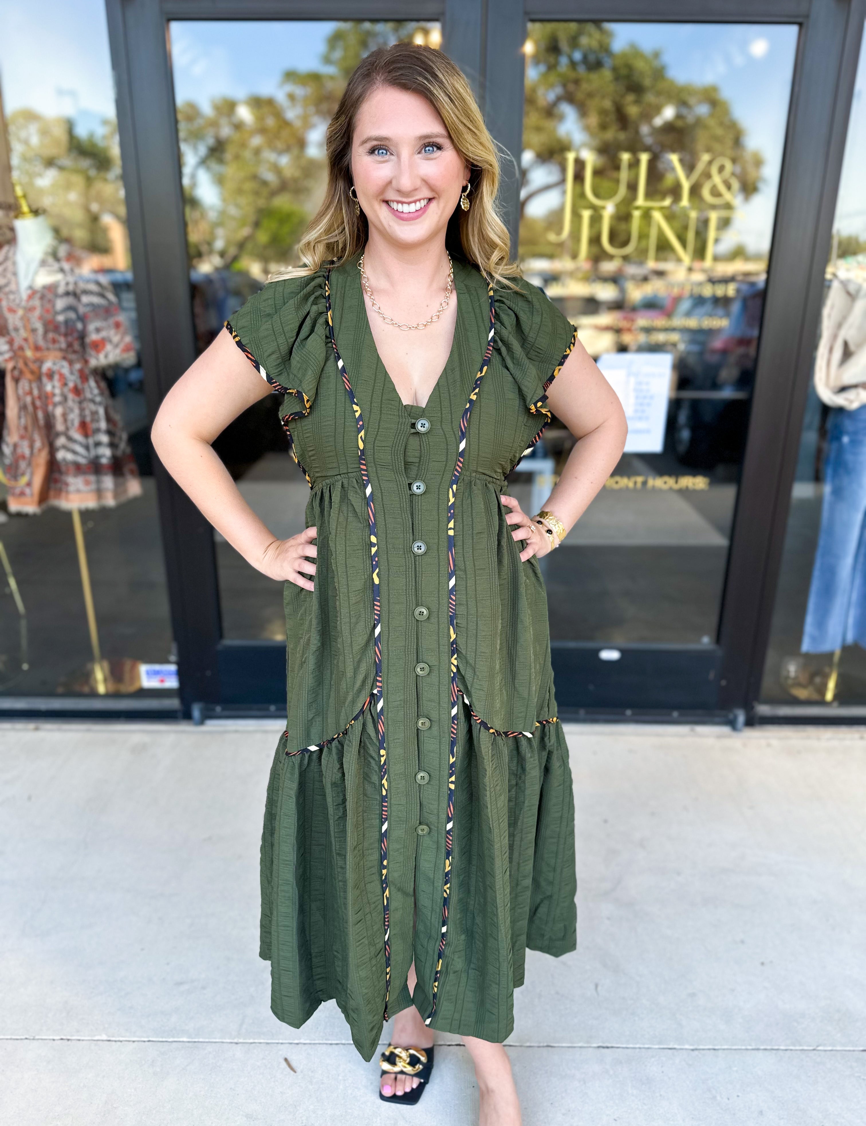 THML - Dark Olive Midi Dress-500 Midi-THML-July & June Women's Fashion Boutique Located in San Antonio, Texas
