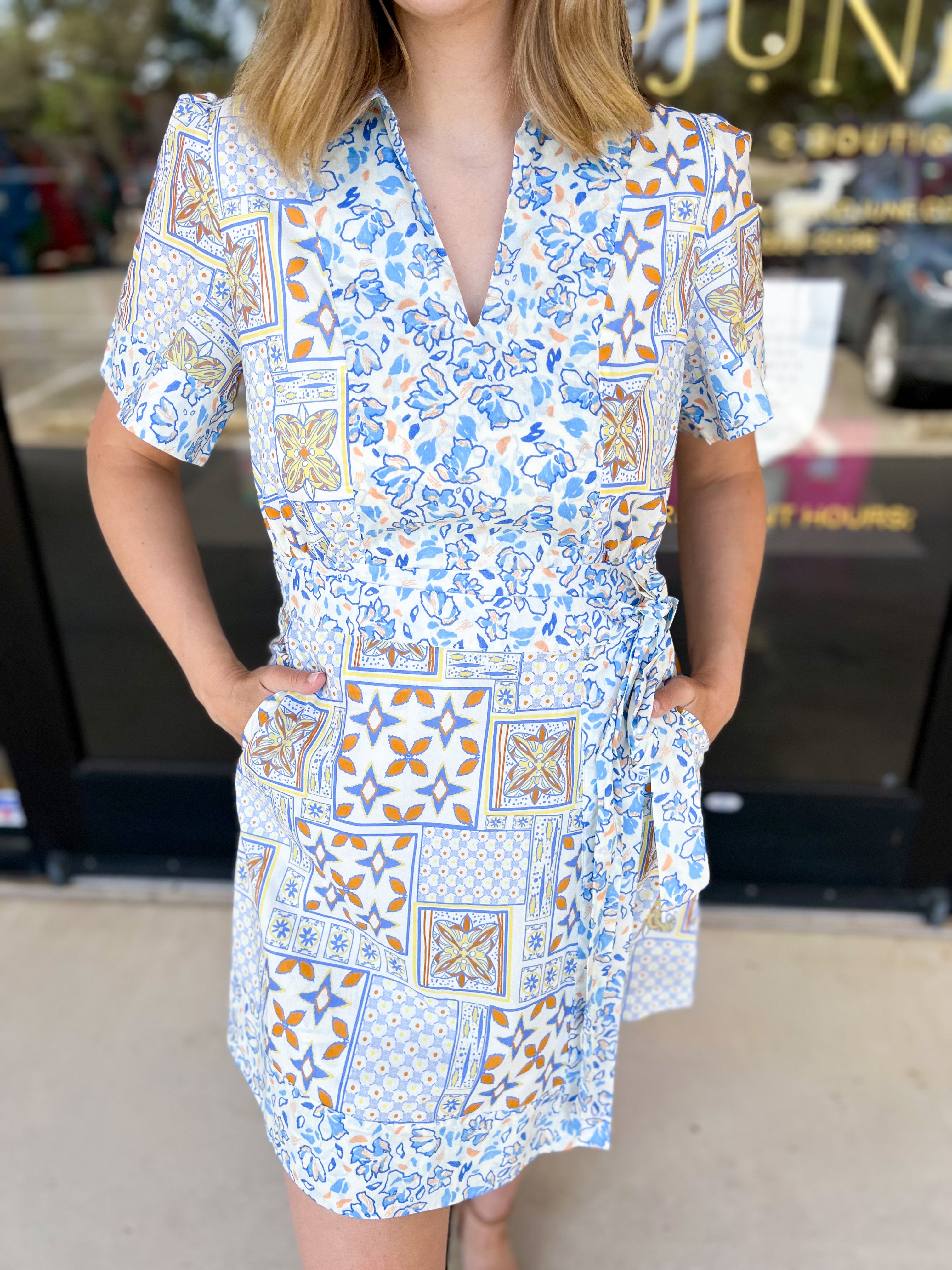 Patchwork Wrap Mini Dress-510 Mini-&MERCI-July & June Women's Fashion Boutique Located in San Antonio, Texas