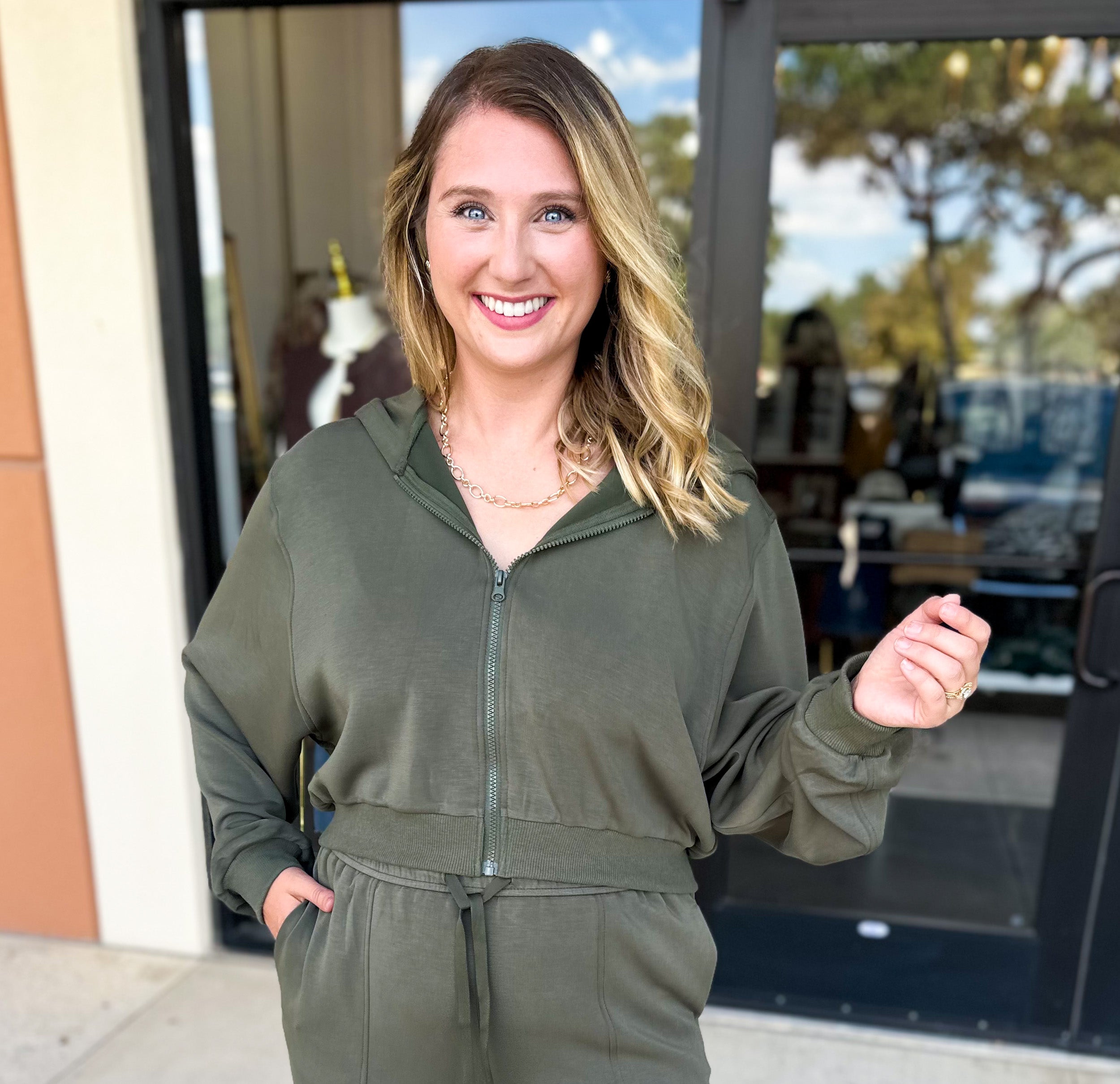 Soft Modal Hooded Jacket - Dark Olive-300 Athleisure/Lounge-SKIES ARE BLUE-July & June Women's Fashion Boutique Located in San Antonio, Texas