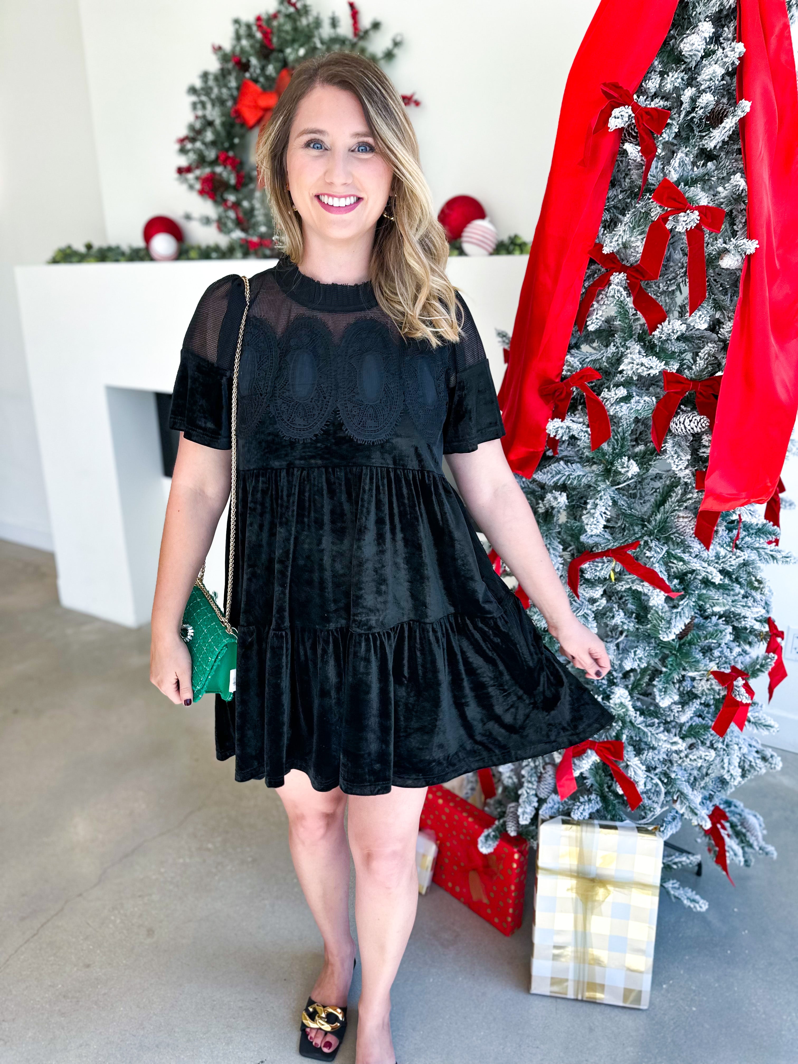 Lace Details Velvet Mini Dress - Black-510 Mini-FATE-July & June Women's Fashion Boutique Located in San Antonio, Texas