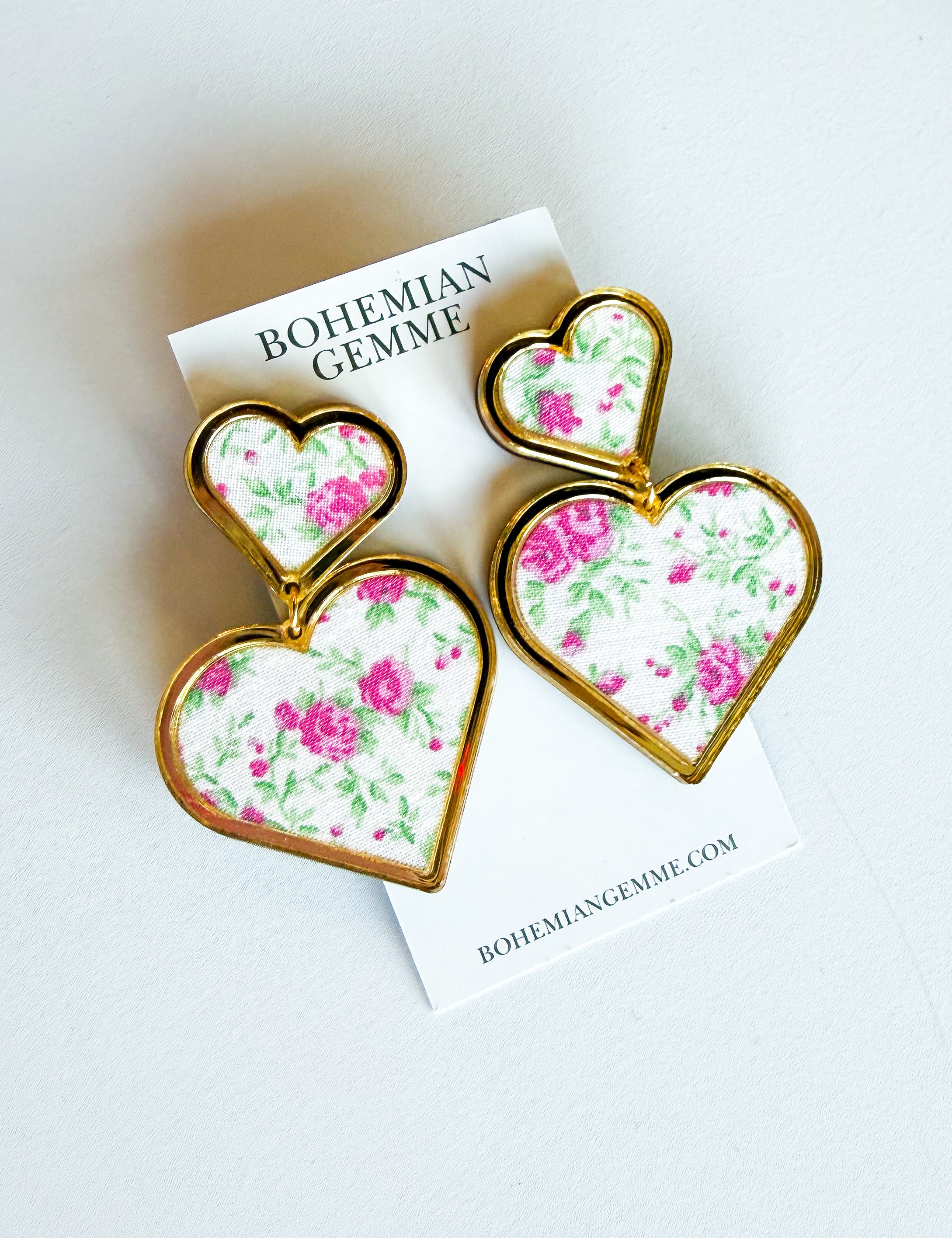 Bohemian Gemme - Pink Floral Heart Statement Earrings-110 Jewelry & Hair-Bohemian Gemme-July & June Women's Fashion Boutique Located in San Antonio, Texas