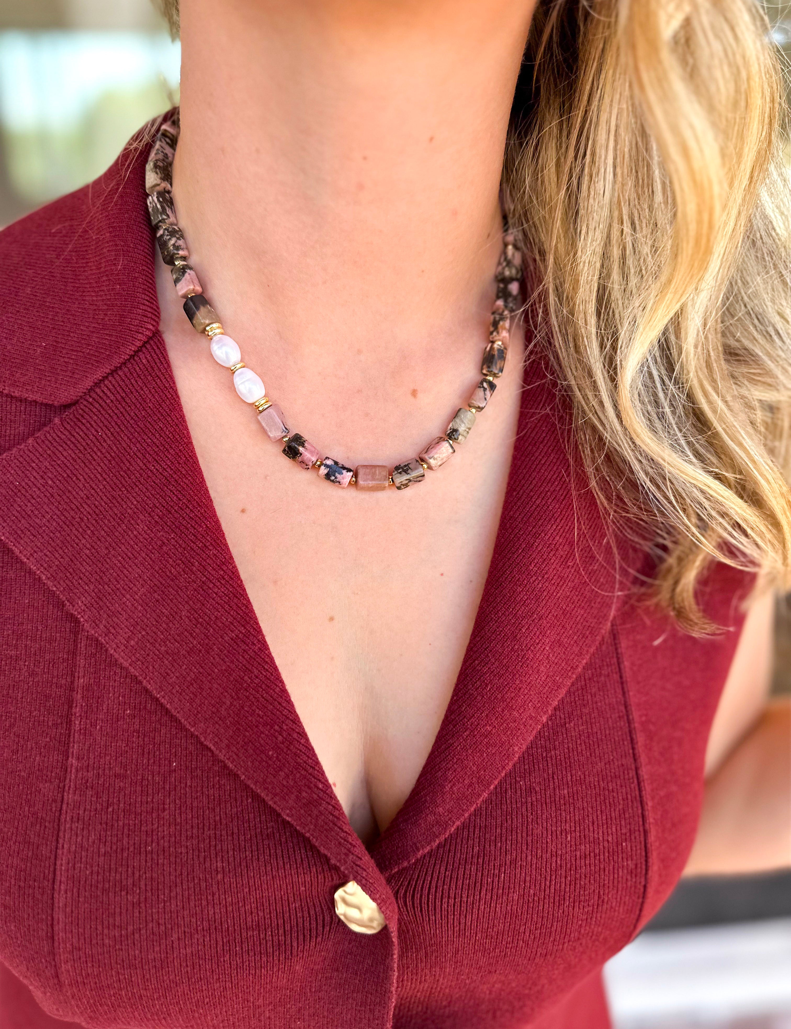 Cloud Beaded Necklace - Pink/Black Agate with Pearl-130 Accessories-Gemelli-July & June Women's Fashion Boutique Located in San Antonio, Texas