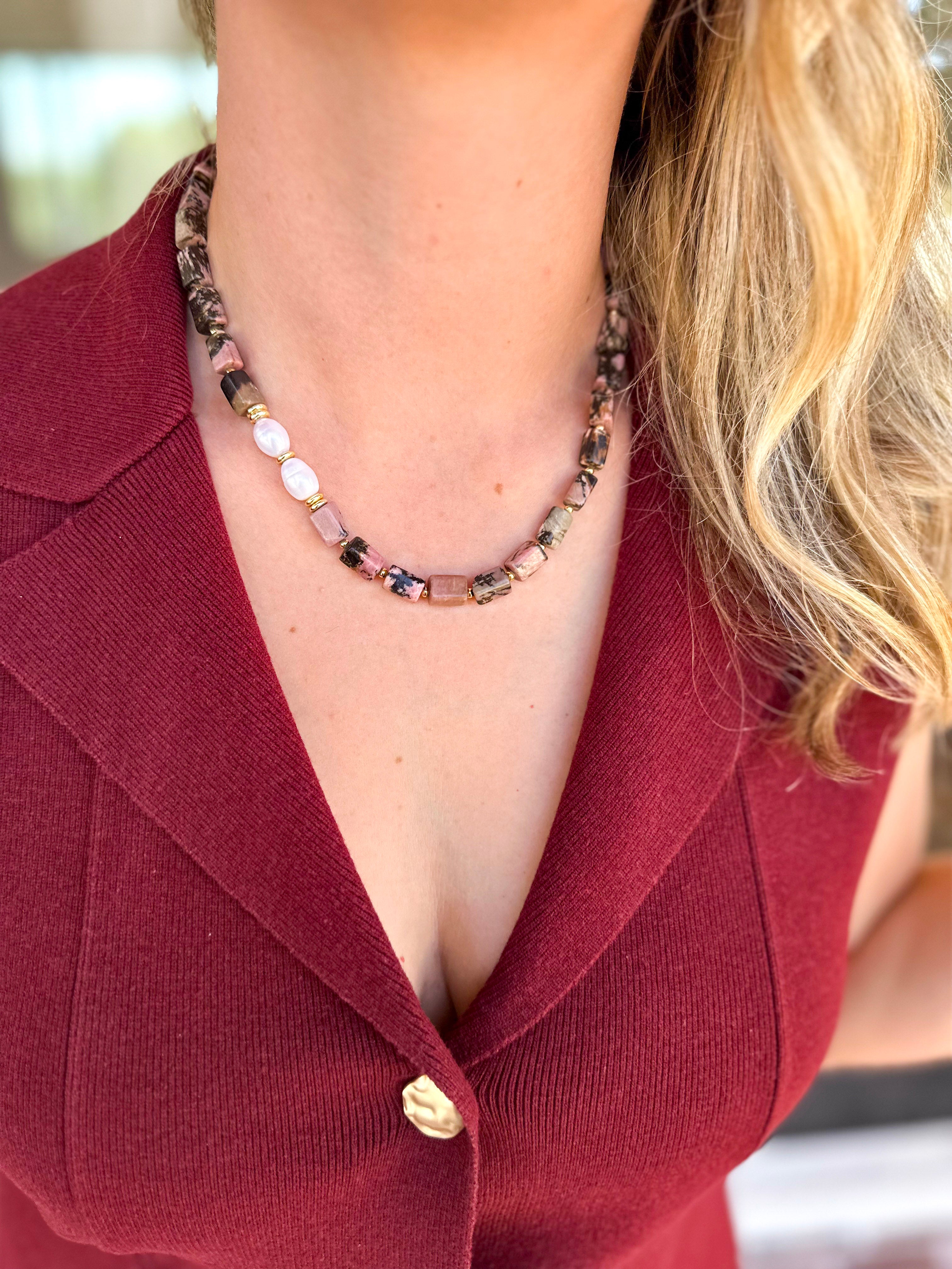 Cloud Beaded Necklace - Pink/Black Agate with Pearl-130 Accessories-Gemelli-July & June Women's Fashion Boutique Located in San Antonio, Texas