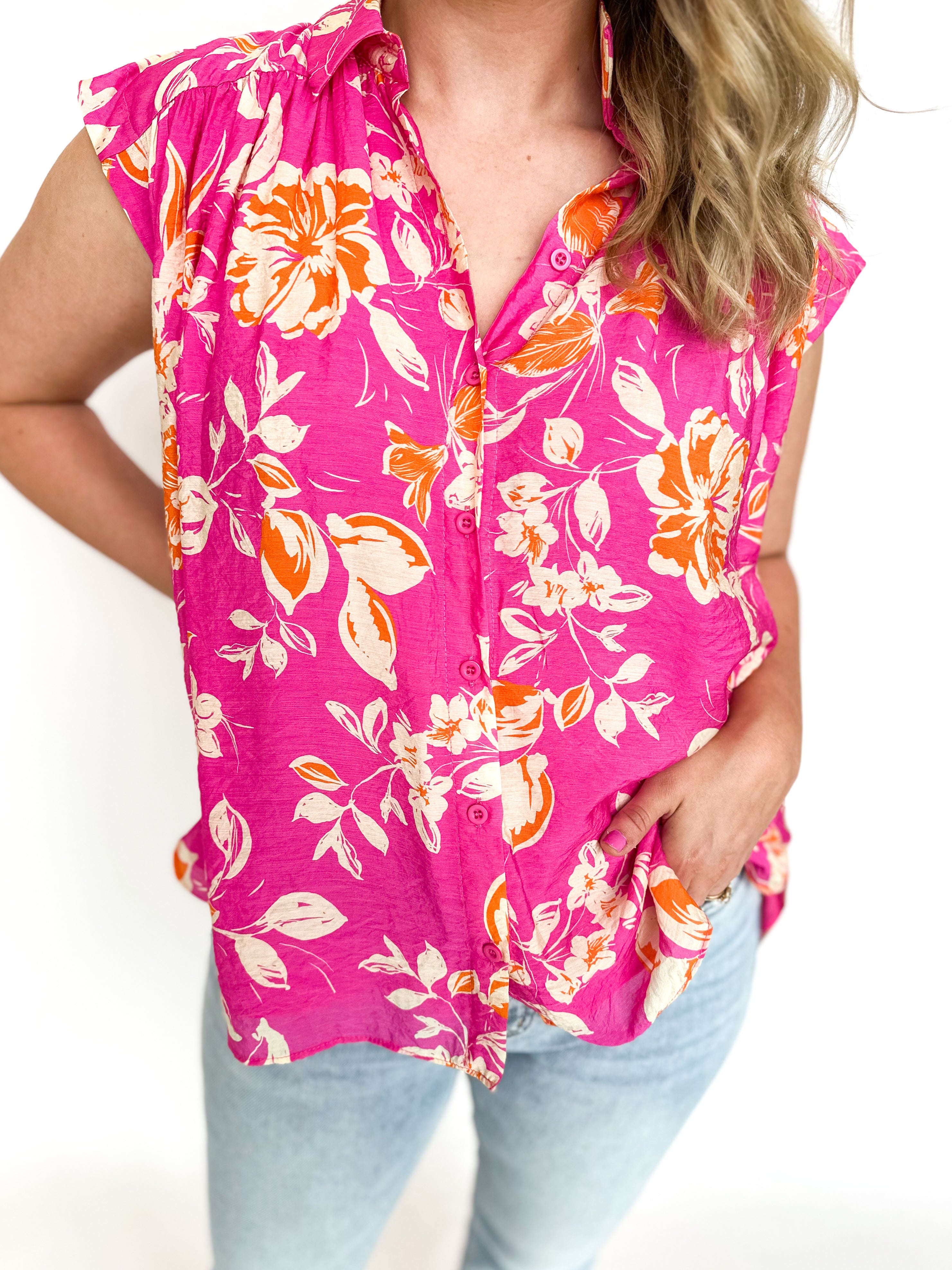 Pink Crush Button Down Tank-200 Fashion Blouses-FATE-July & June Women's Fashion Boutique Located in San Antonio, Texas