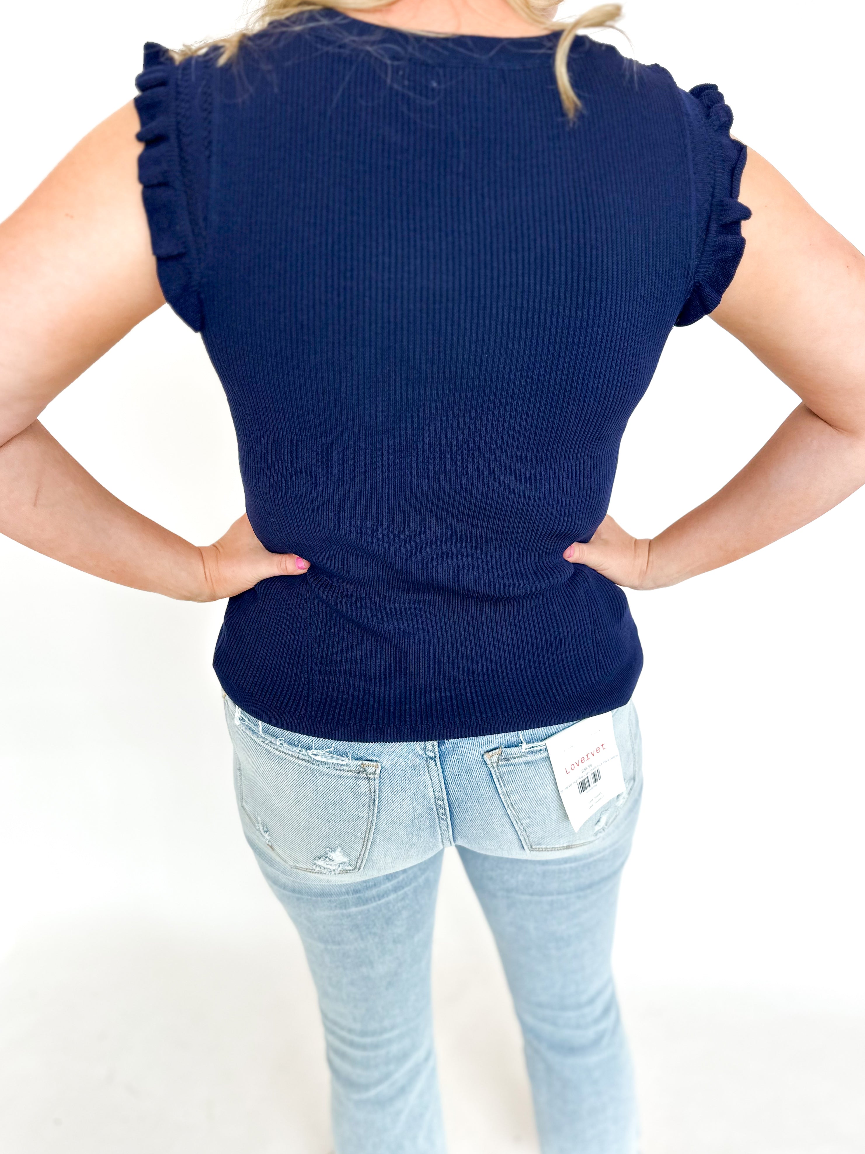 Knit Ruffle Tank - Navy-210 Casual Blouses-SKIES ARE BLUE-July & June Women's Fashion Boutique Located in San Antonio, Texas
