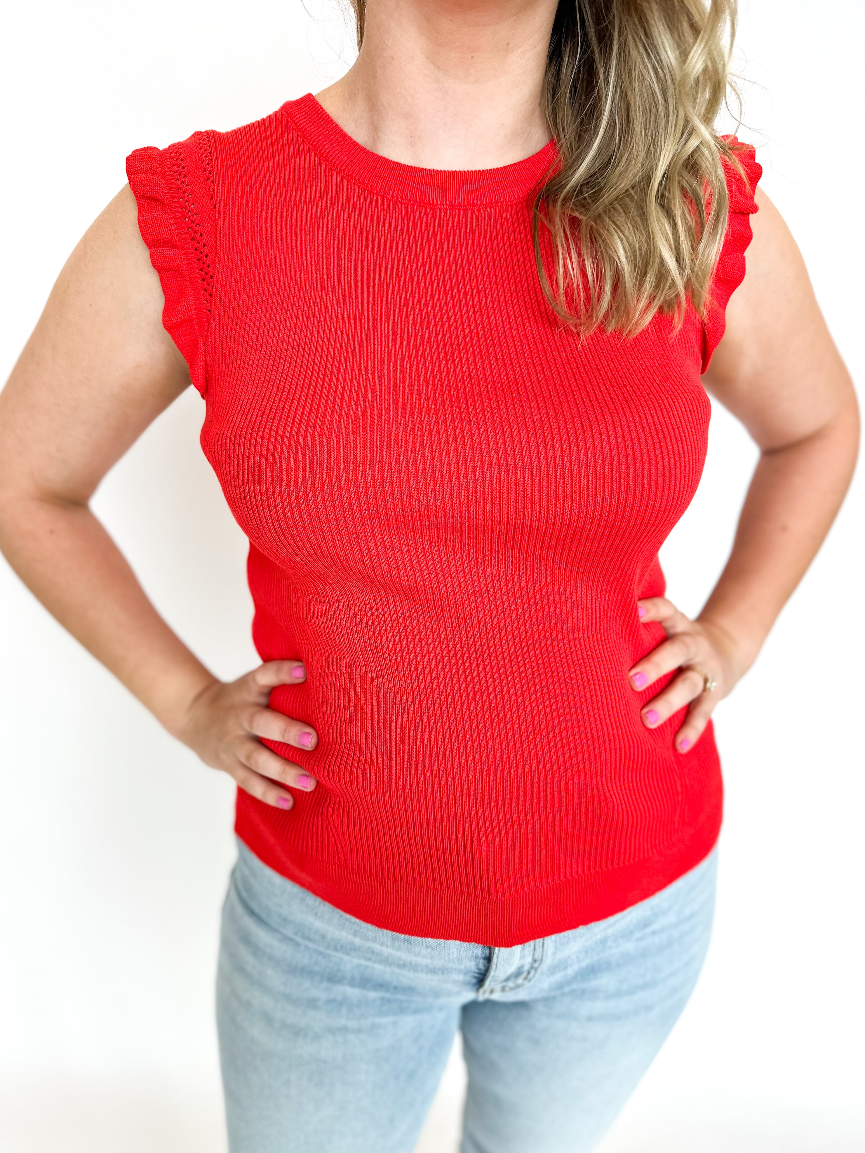 Knit Ruffle Tank - Tomato Red-210 Casual Blouses-SKIES ARE BLUE-July & June Women's Fashion Boutique Located in San Antonio, Texas