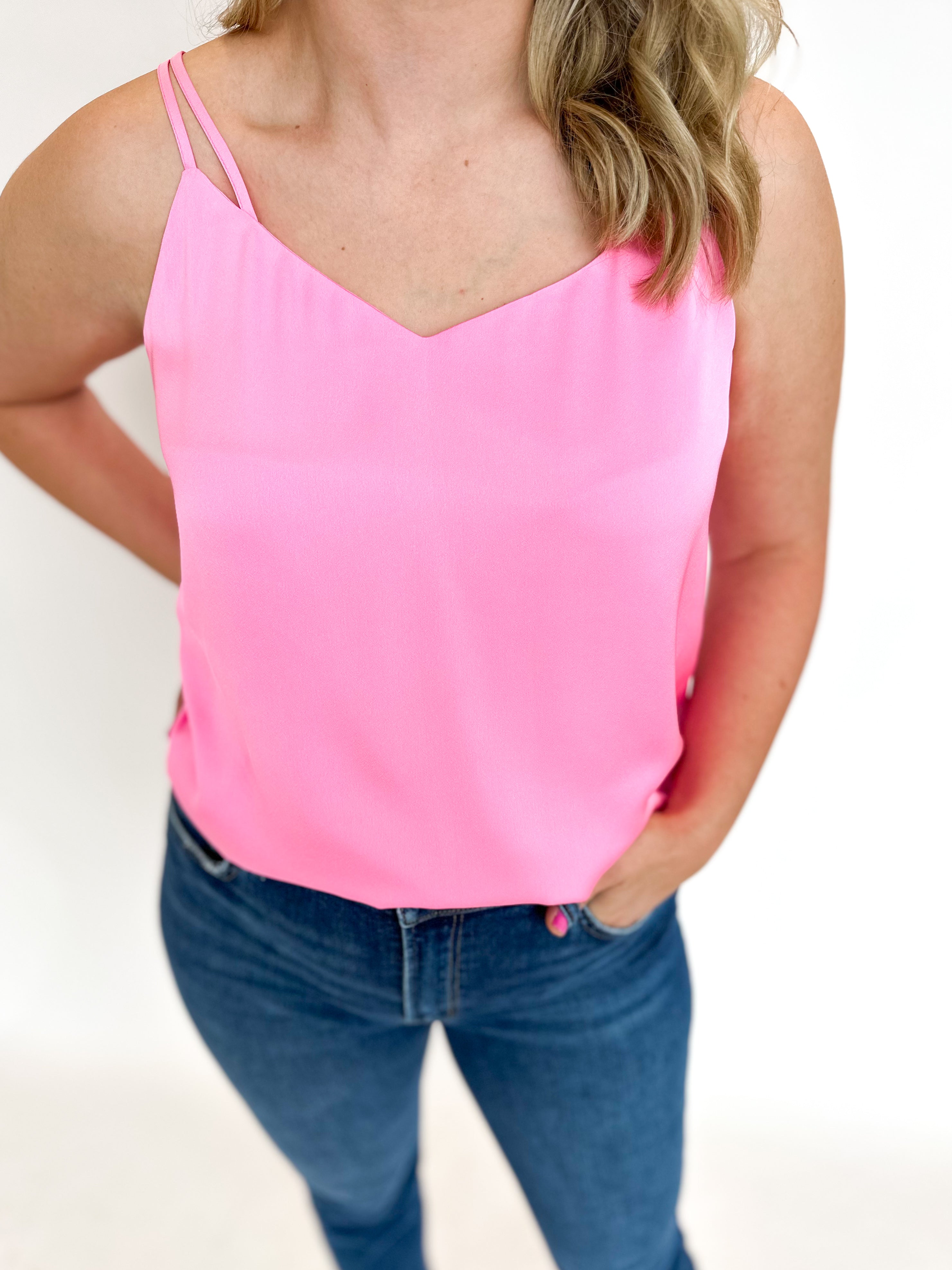 Satin Cami - Bubblegum Pink-200 Fashion Blouses-SKIES ARE BLUE-July & June Women's Fashion Boutique Located in San Antonio, Texas