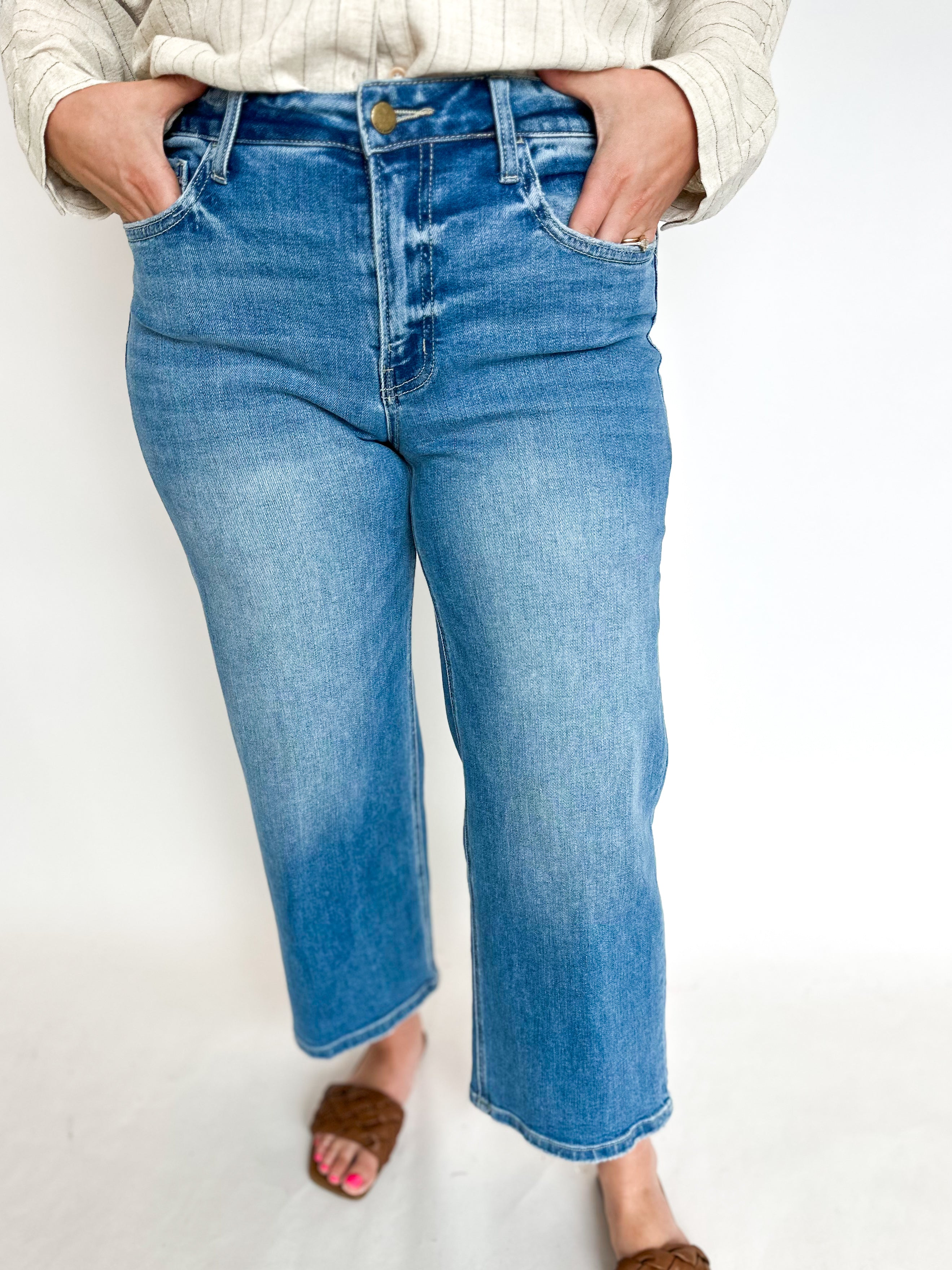 Vervet High Rise Medium Wash Wide Leg Jeans-400 Pants-VEVERT BY FLYING MONKEY-July & June Women's Fashion Boutique Located in San Antonio, Texas