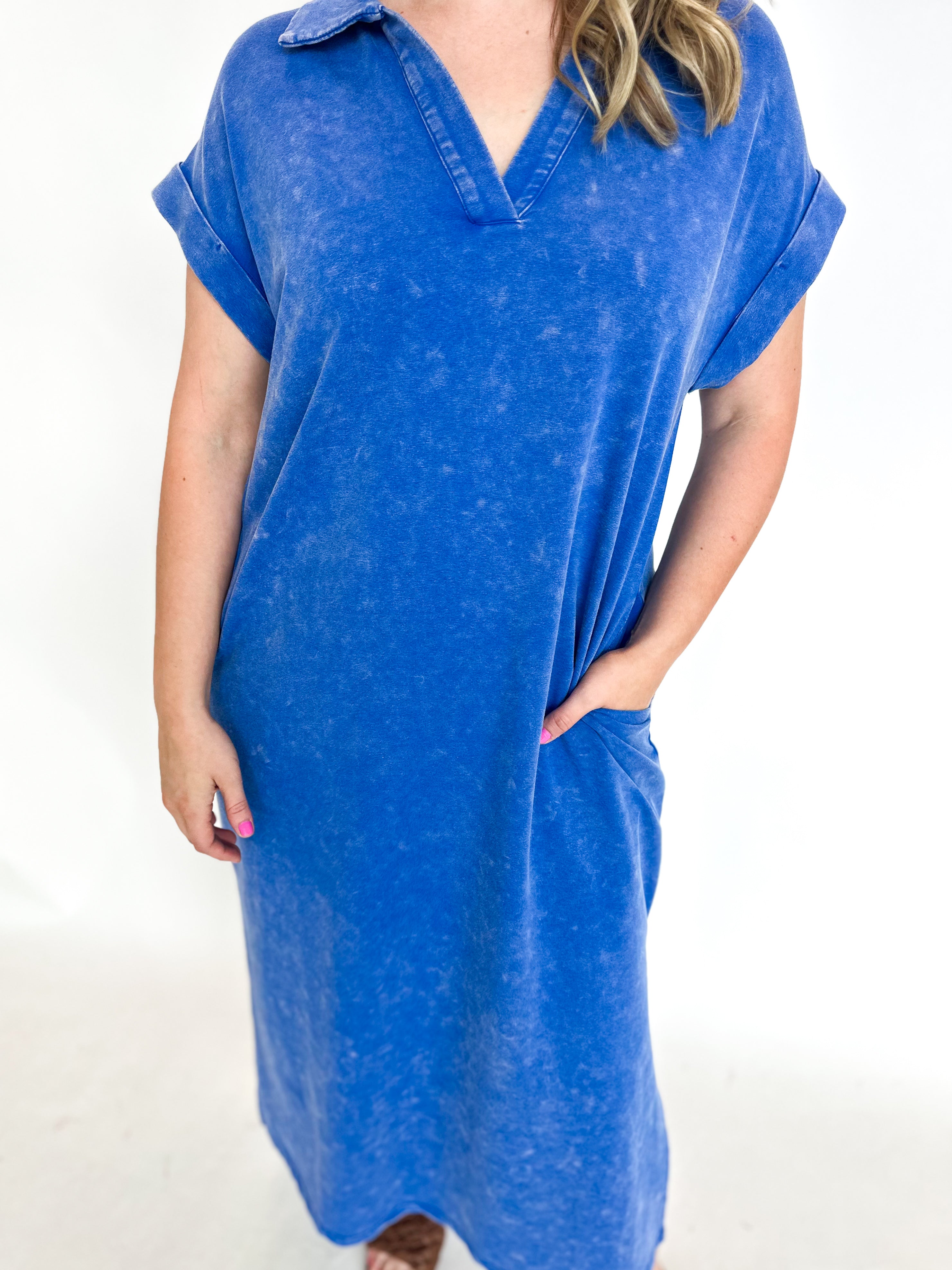 Vintage Wash T-Shirt Midi Dress - Deep Blue-500 Midi-JODIFL-July & June Women's Fashion Boutique Located in San Antonio, Texas