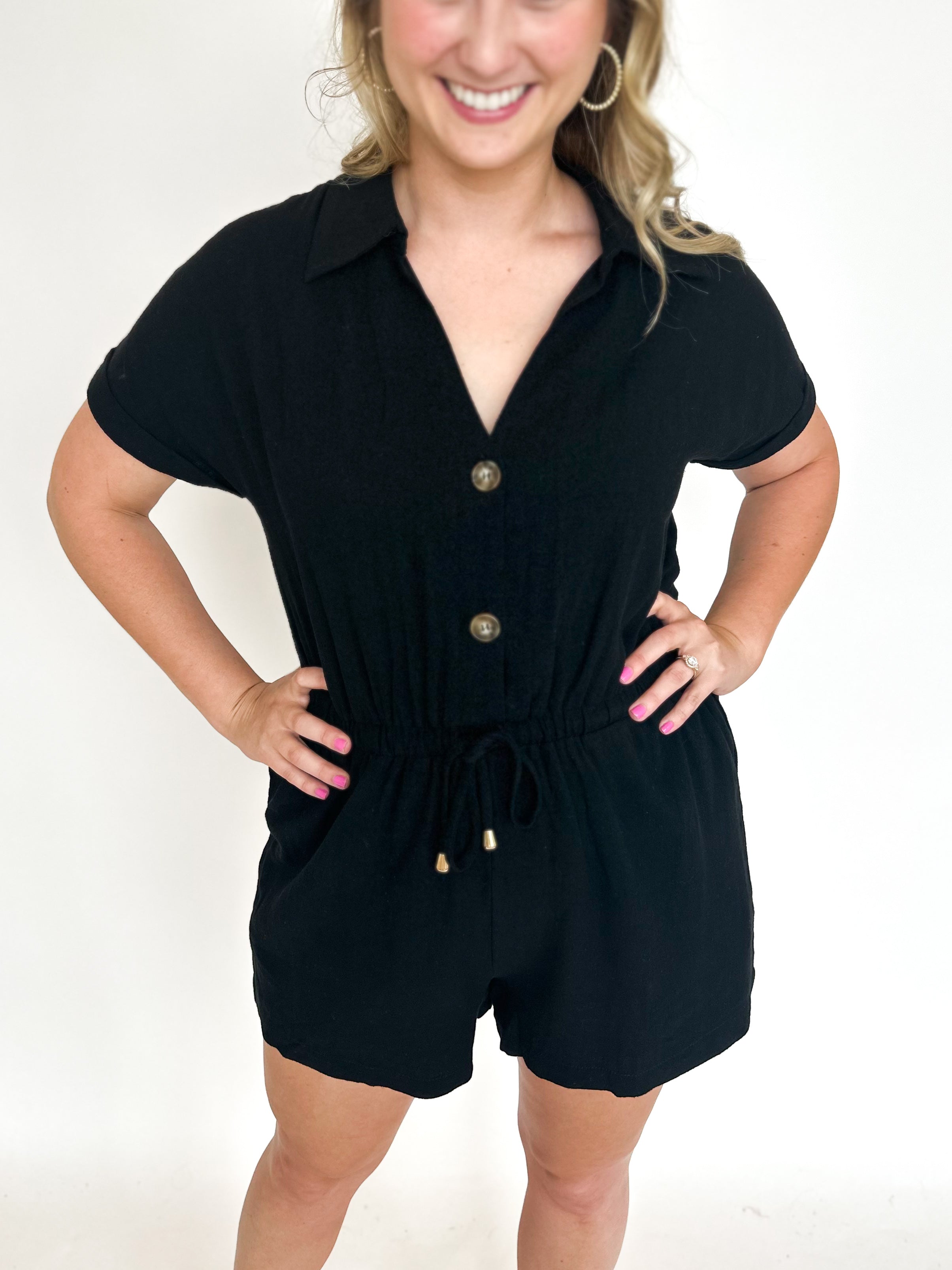 Linen Romper - Black-510 Mini-ALLIE ROSE-July & June Women's Fashion Boutique Located in San Antonio, Texas