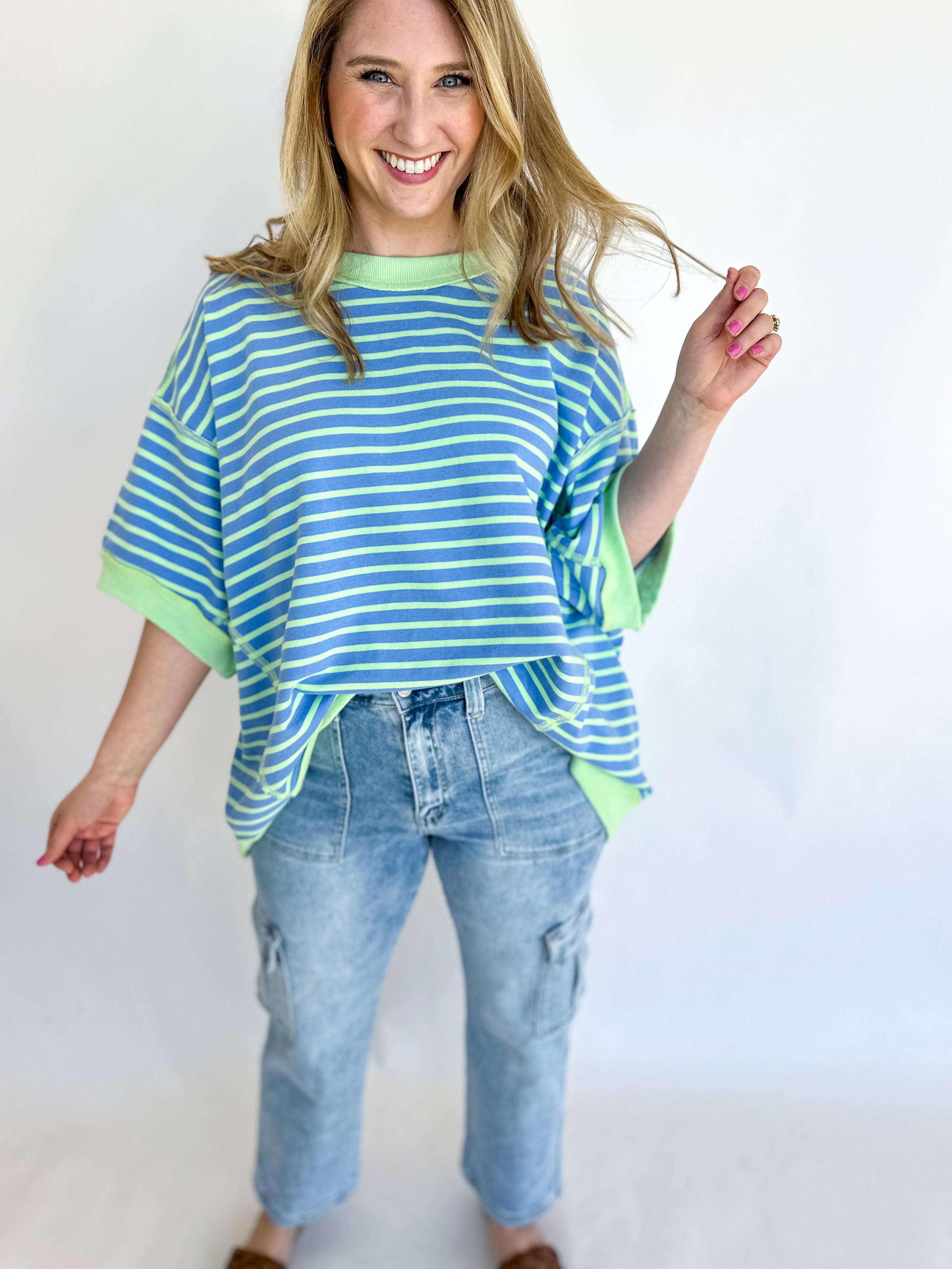 Comfy Stripped Tee - Deep Blue-210 Casual Blouses-FANTASTIC FAWN-July & June Women's Fashion Boutique Located in San Antonio, Texas