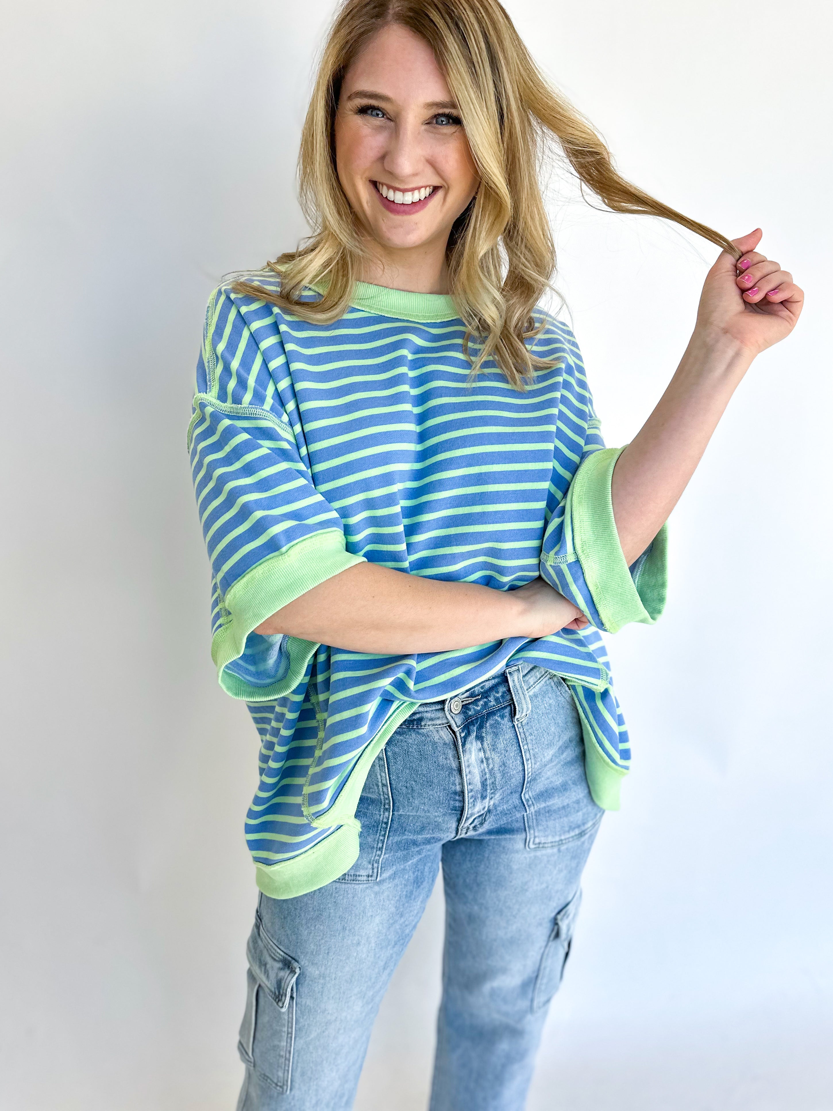 Comfy Stripped Tee - Deep Blue-210 Casual Blouses-FANTASTIC FAWN-July & June Women's Fashion Boutique Located in San Antonio, Texas