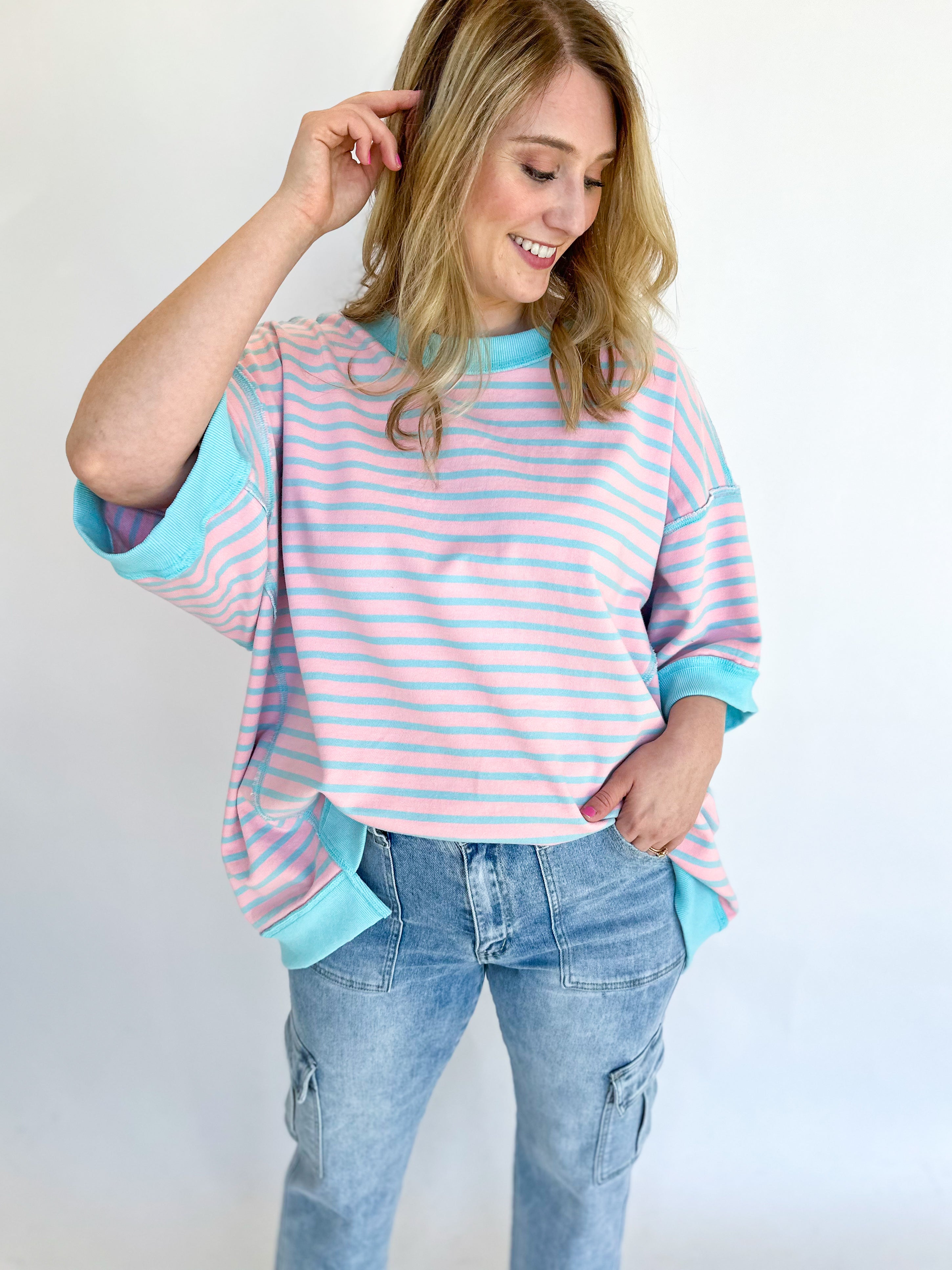 Comfy Stripped Tee - Pastel Pink-210 Casual Blouses-FANTASTIC FAWN-July & June Women's Fashion Boutique Located in San Antonio, Texas