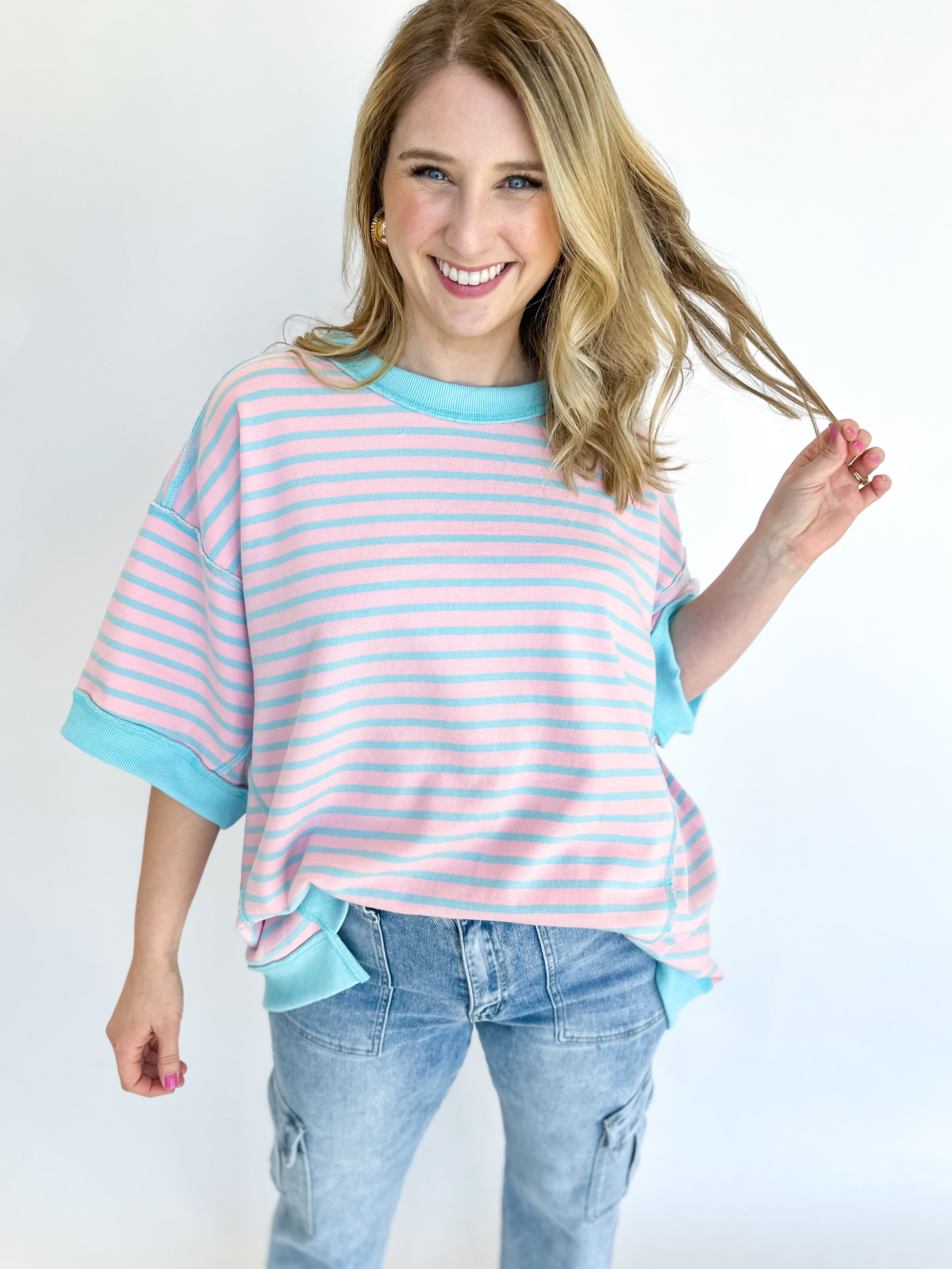 Comfy Stripped Tee - Pastel Pink-210 Casual Blouses-FANTASTIC FAWN-July & June Women's Fashion Boutique Located in San Antonio, Texas