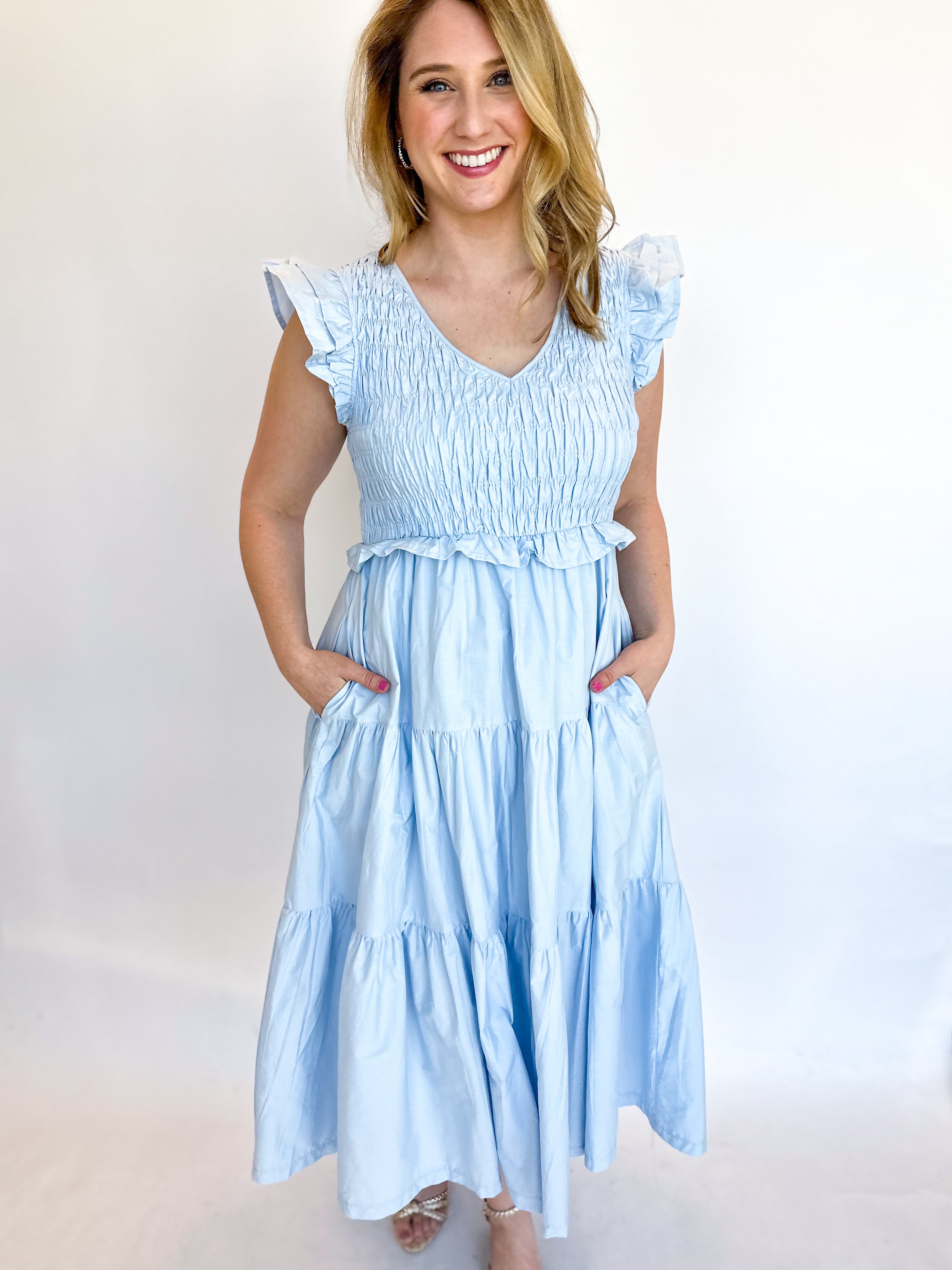 Smocked Blue Midi Dress-500 Midi-&MERCI-July & June Women's Fashion Boutique Located in San Antonio, Texas